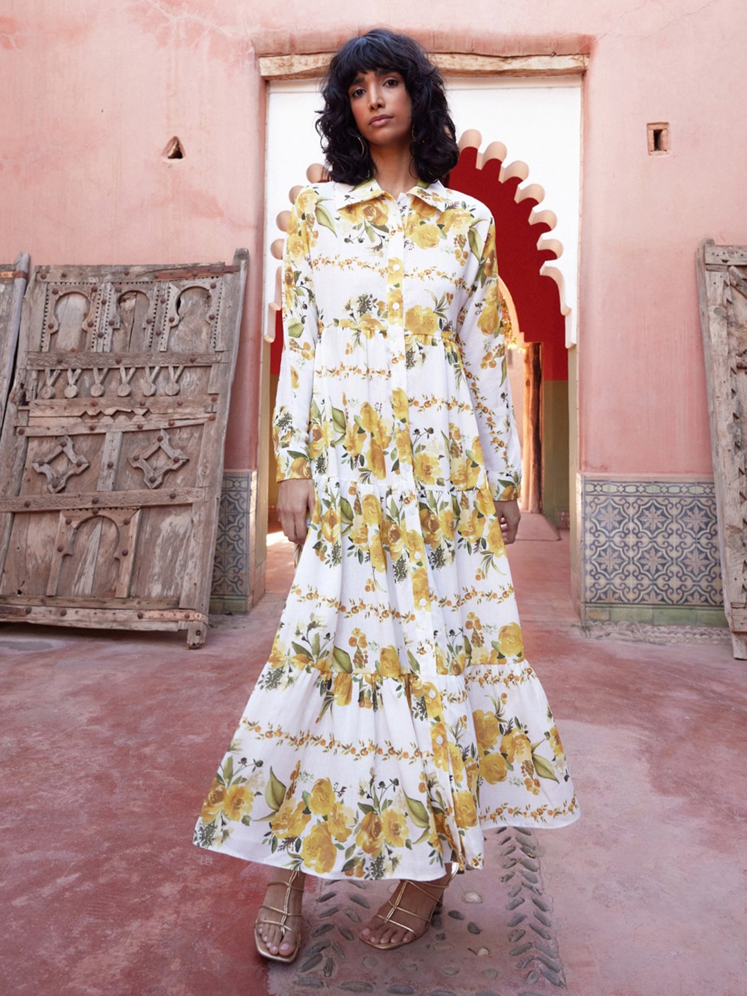 

Trendyol Floral Print Shirt Collar Regular Sleeve Fit & Flare Dress, Yellow