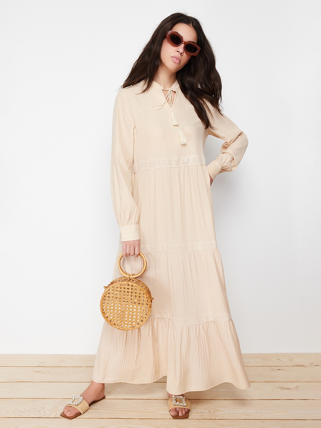 

Trendyol Tie Up Neck Cotton A-Line Maxi Dress, Cream