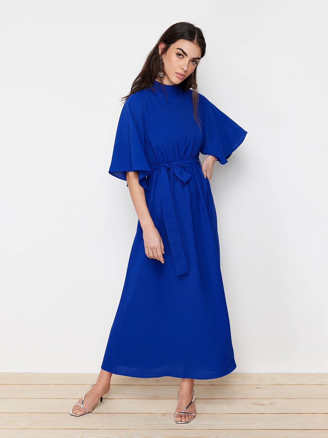 

Trendyol Flared Sleeve Tie-Up Fit & Flare Maxi Dress, Blue