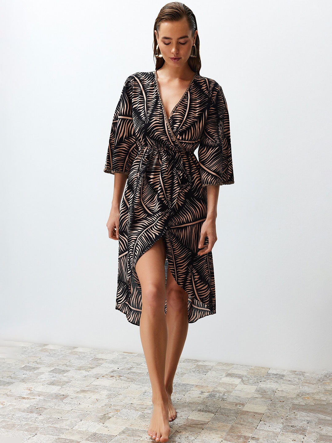 

Trendyol Tropical Print Flared Sleeve Pure Cotton Wrap Dress, Black