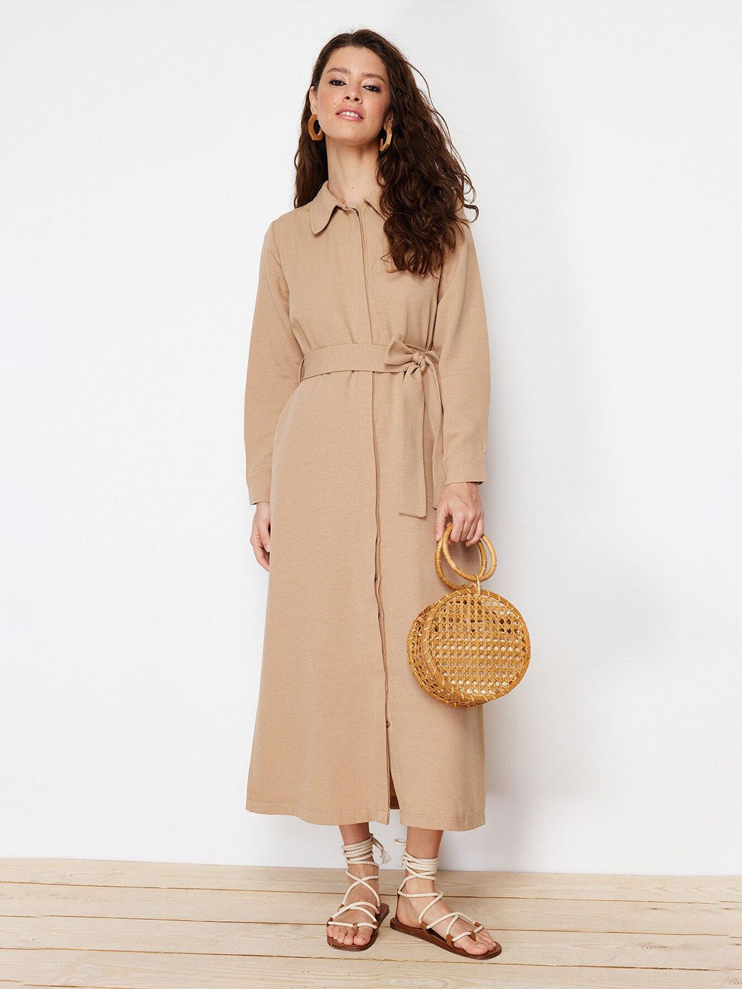 

Trendyol Cuffed Sleeves Shirt Style Midi Dress, Beige