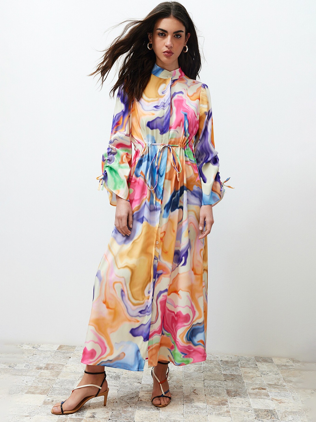 

Trendyol Abstract Print Mandarin Collar Maxi Dress, Blue