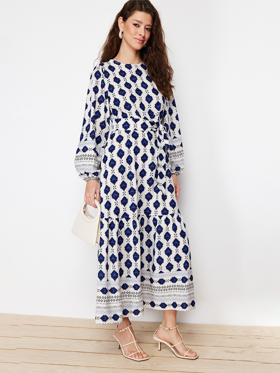 

Trendyol Floral Print Round Neck Puff Sleeve Fit & Flare Cotton Midi Dress, Blue