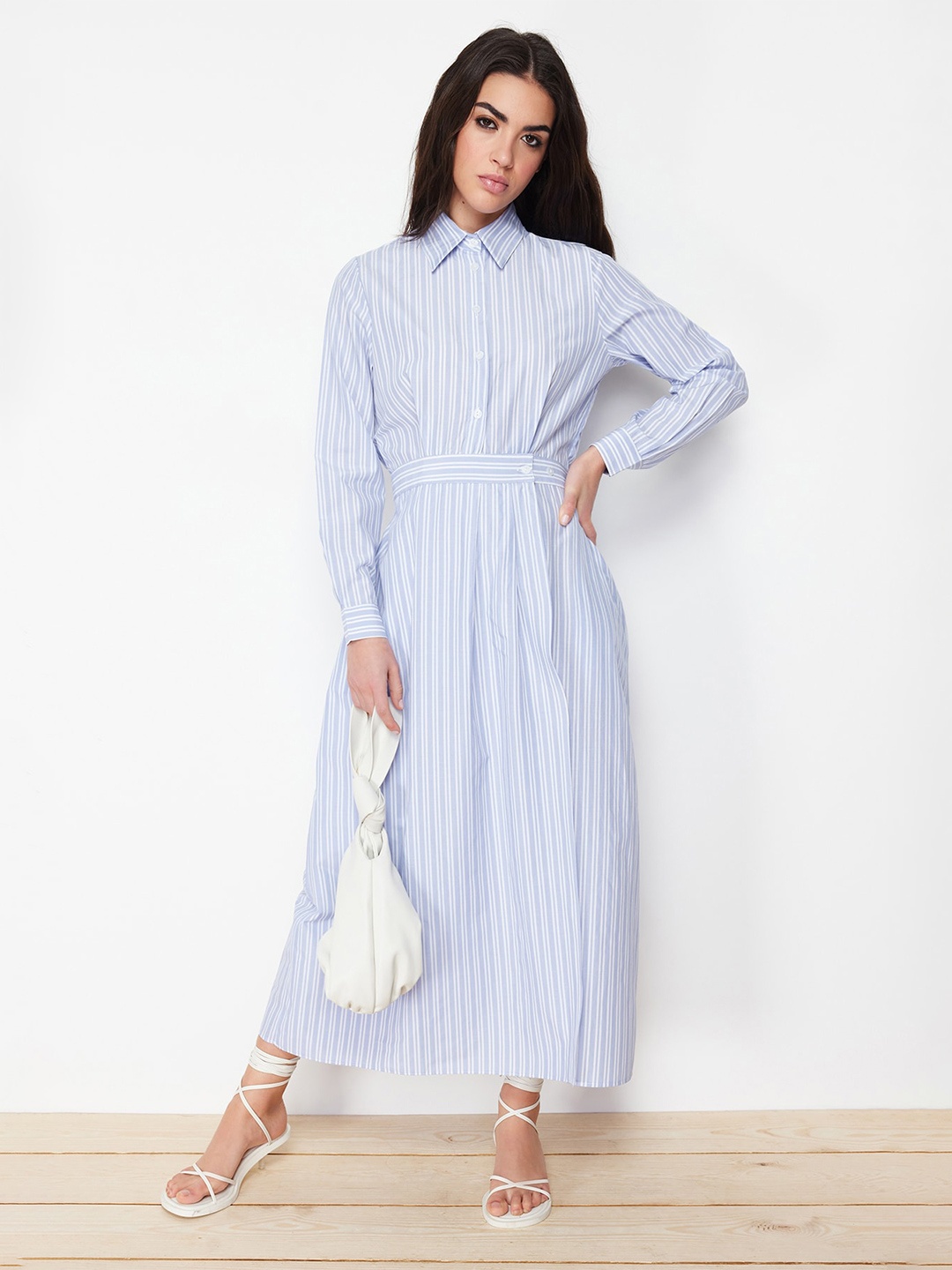 

Trendyol Shirt Collar Striped Long Sleeves Shirt Style Maxi Dress, Blue