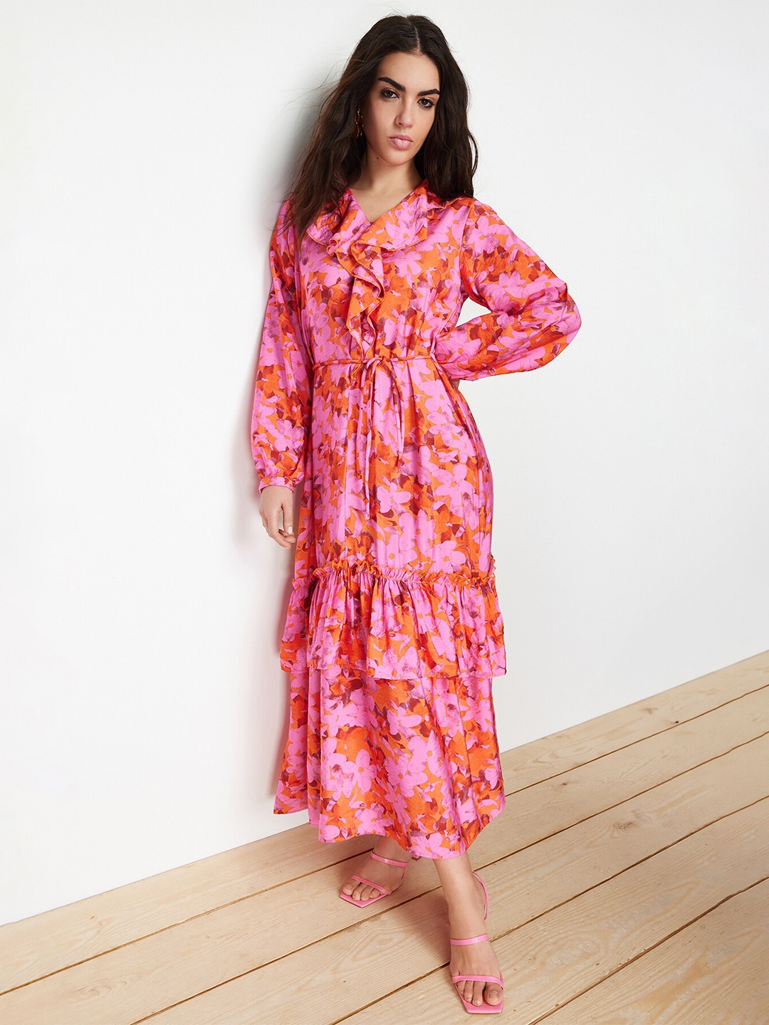 

Trendyol Floral Print Puff Sleeves Ruffled Maxi Dress, Pink