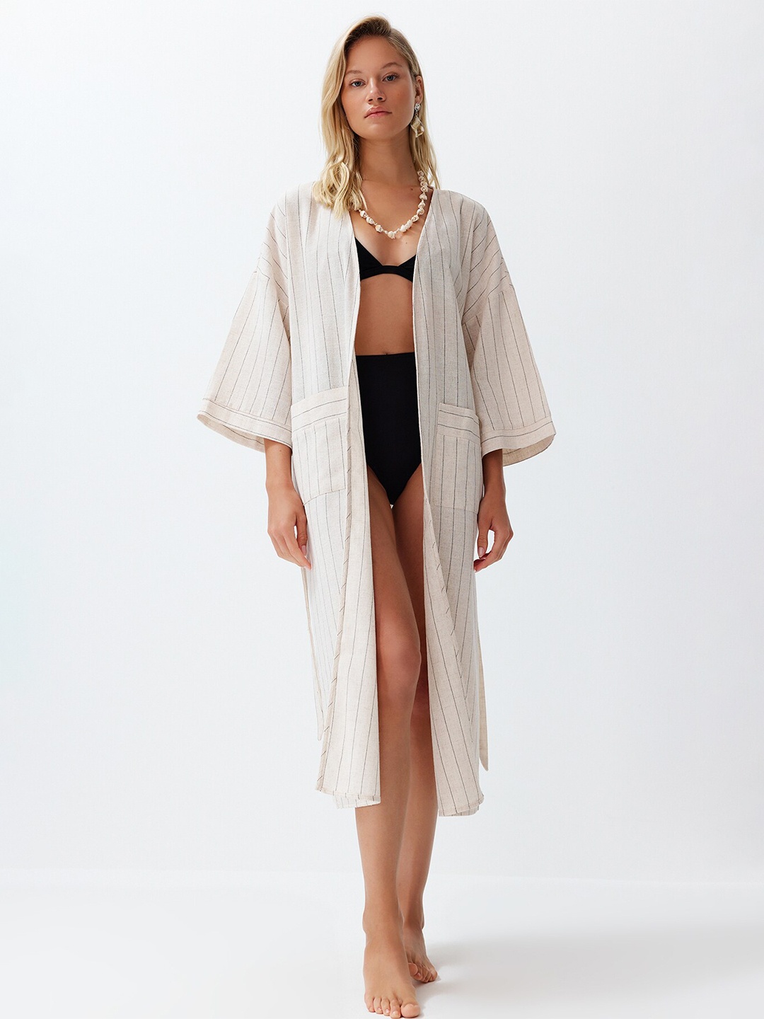 

Trendyol Striped Full Coverage Tie-Ups Detail Pure Linen Midi Swimwear Cover Up Top, Beige