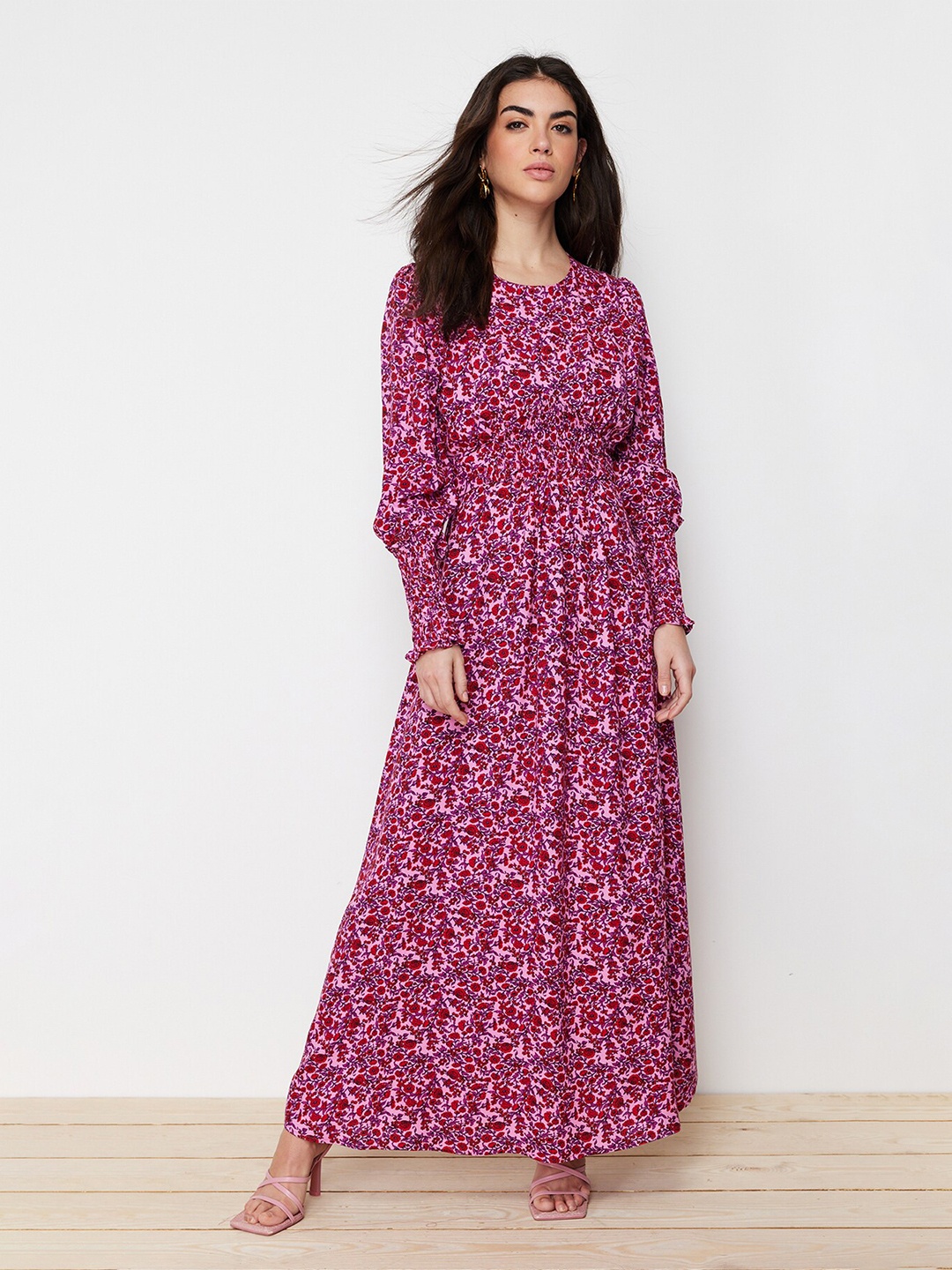 

Trendyol Floral Printed Puff Sleeve Maxi Dress, Pink