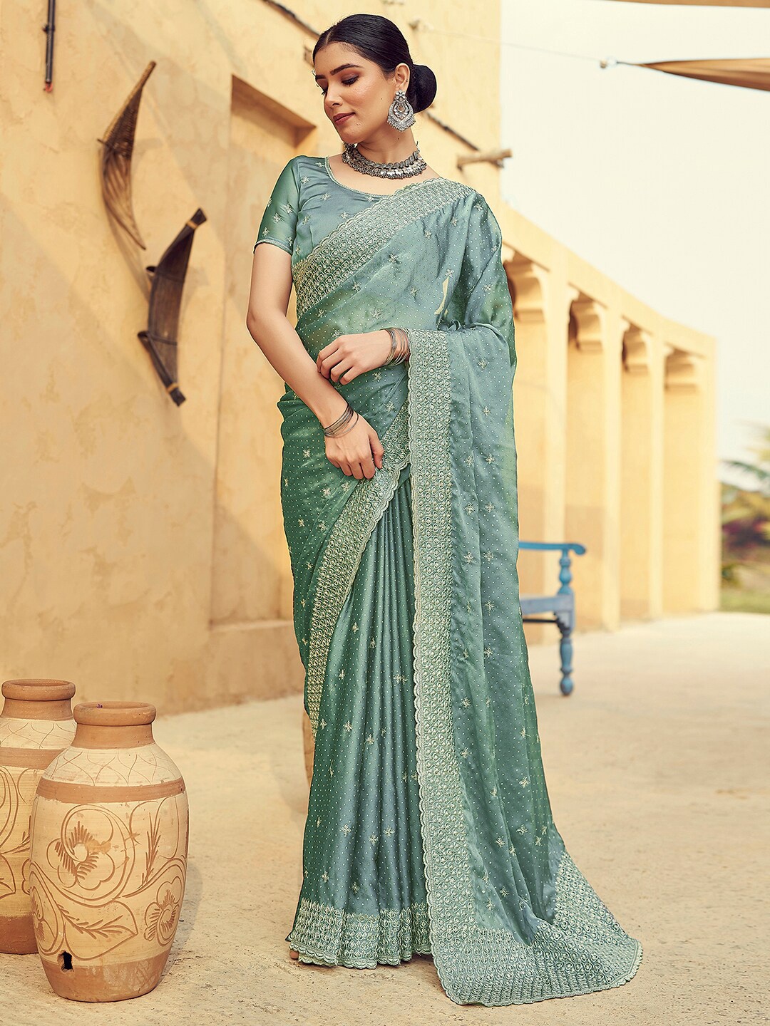 

Satrani Embellished Beads and Stones Pure Georgette Chanderi Saree, Green