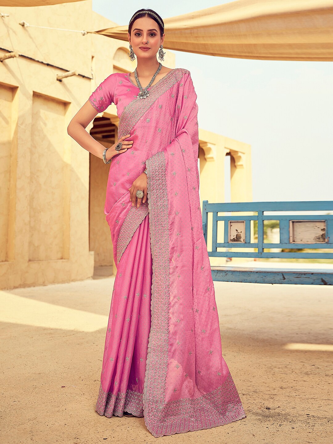 

Satrani Embellished Embroidered Pure Georgette Saree, Pink