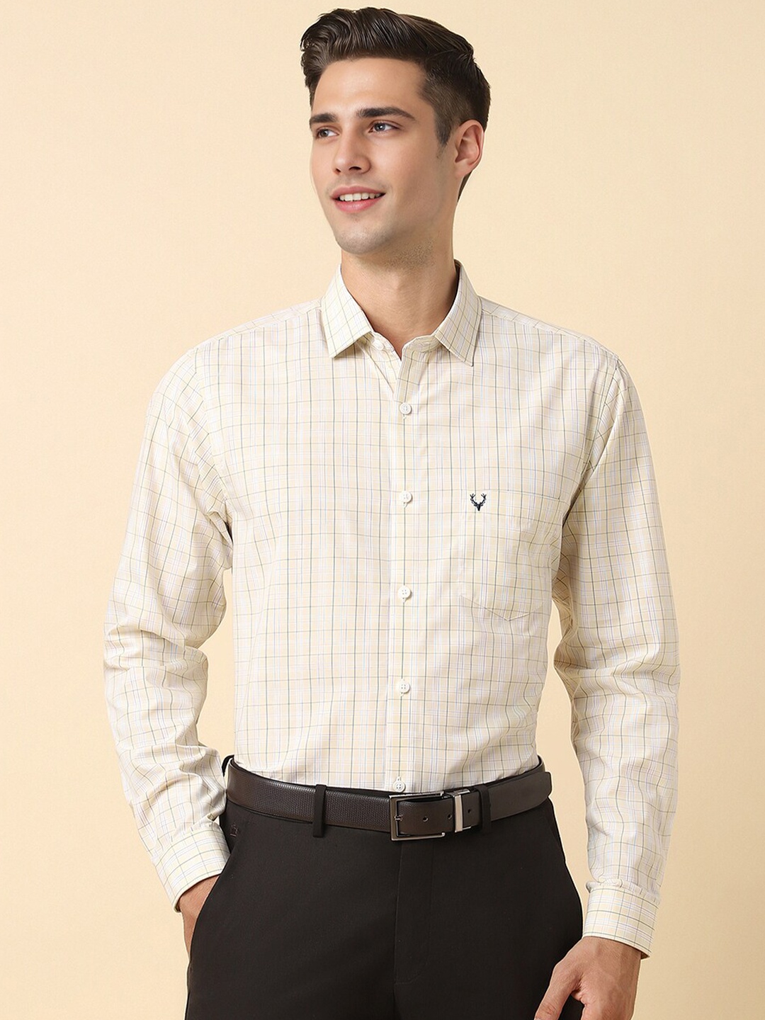 

Allen Solly Slim Fit Grid Tattersall Checks Opaque Formal Shirt, Cream