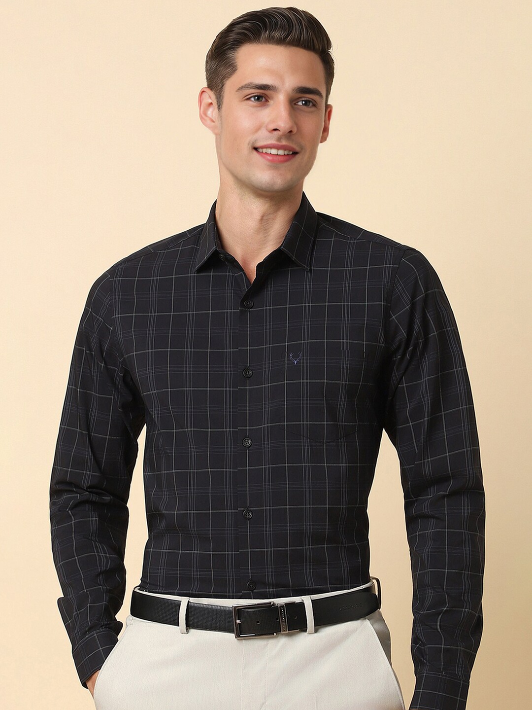 

Allen Solly Slim Fit Windowpane Checks Spread Collar Opaque Formal Shirt, Black