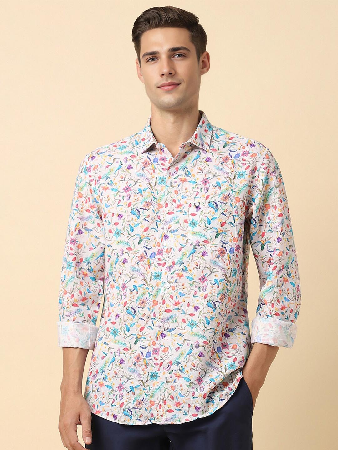 

Allen Solly Slim Fit Floral Printed Linen & Cotton Casual Shirt, Off white
