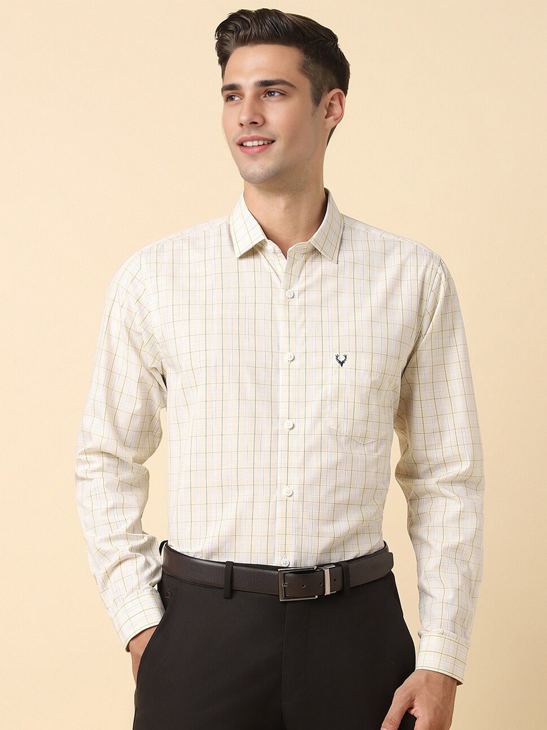 

Allen Solly Slim Fit Grid Tattersall Checks Spread Collar Opaque Cotton Formal Shirt, Cream