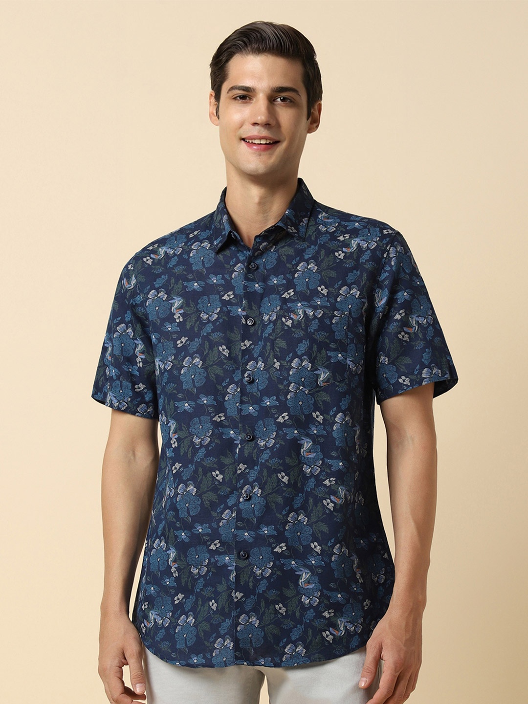 

Allen Solly Slim Fit Floral Printed Spread Collar Casual Shirt, Navy blue