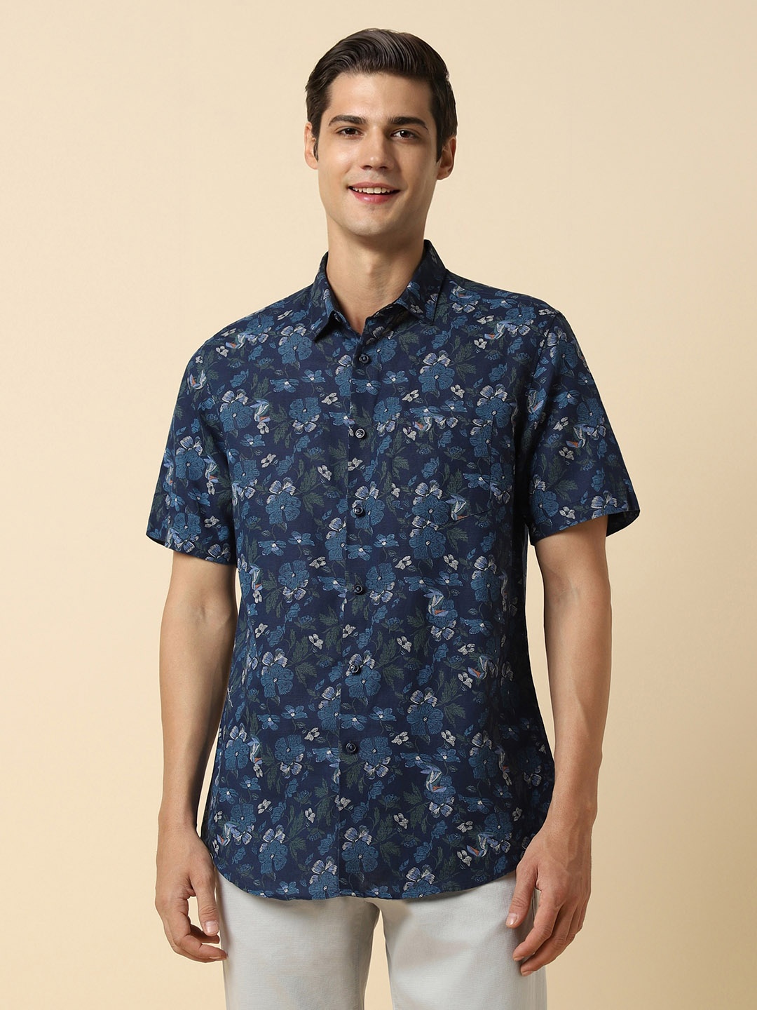 

Allen Solly Slim Fit Floral Printed Spread Collar Opaque Casual Shirt, Navy blue