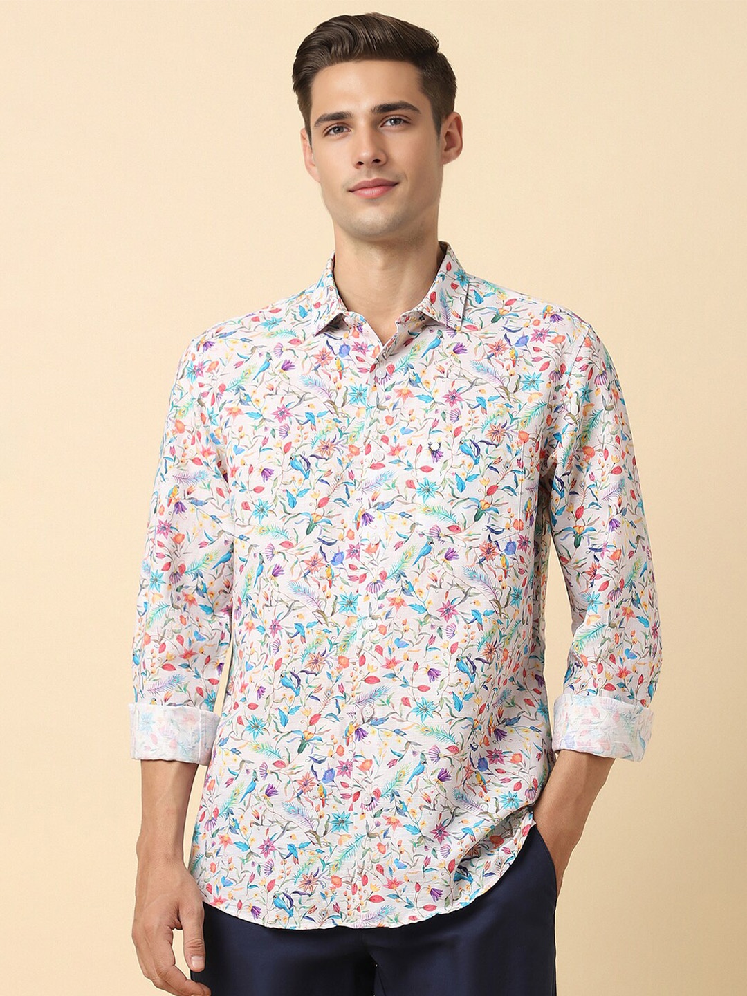 

Allen Solly Slim Fit Floral Printed Linen & Cotton Casual Shirt, Off white