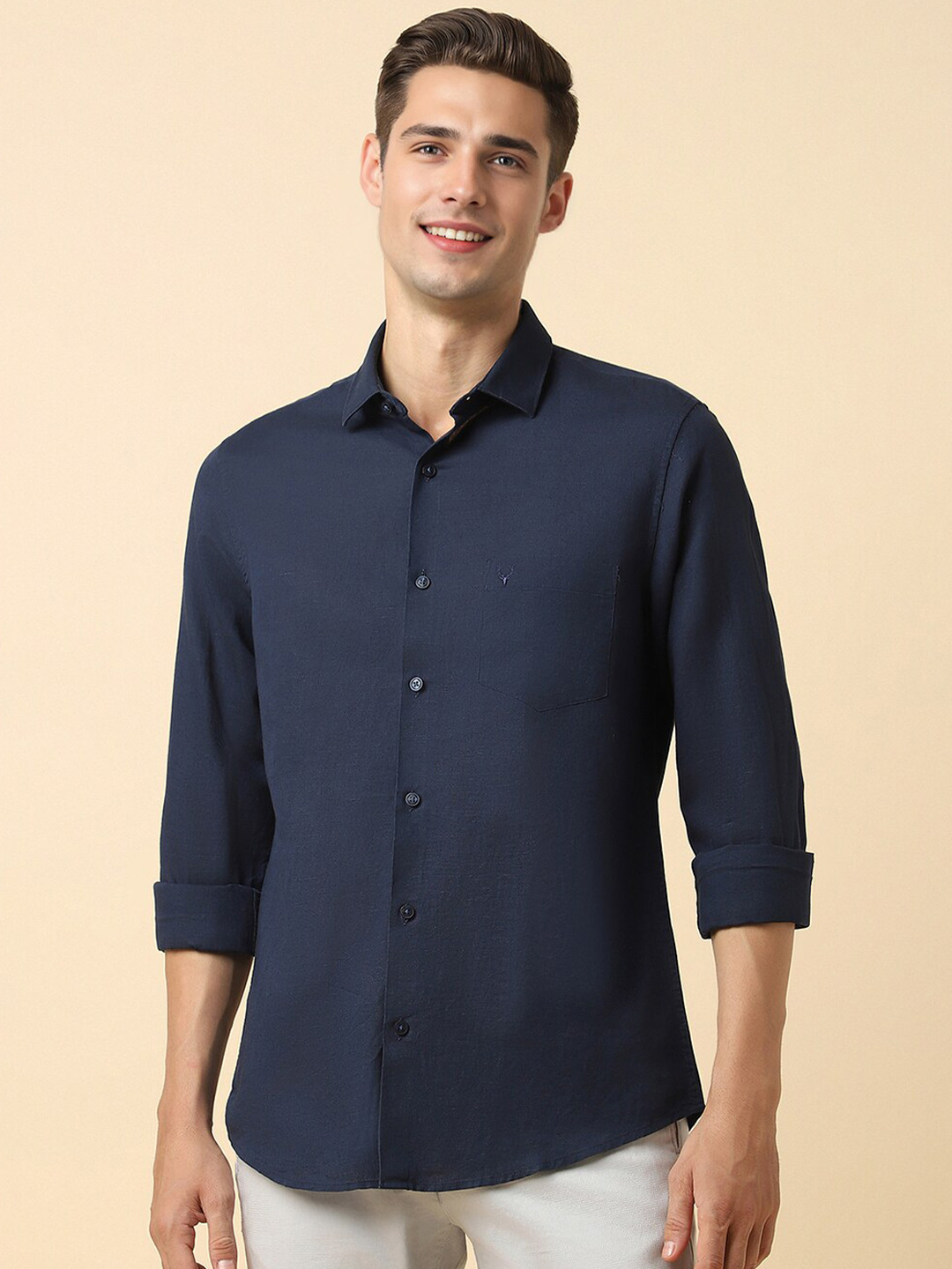 

Allen Solly Slim Fit Spread Collar Long Sleeves Cotton Linen Casual Shirt, Navy blue