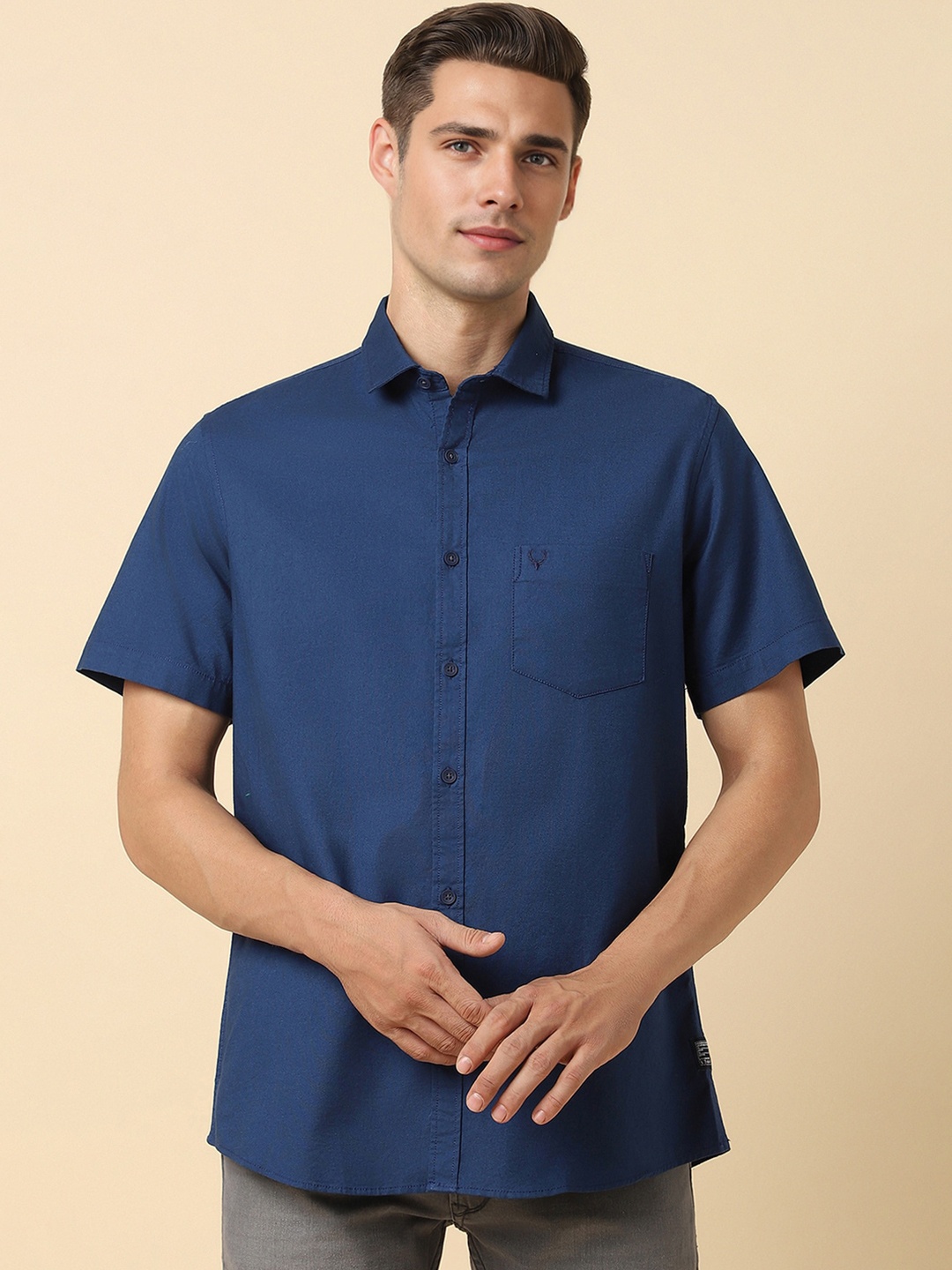 

Allen Solly Spread Collar Short Sleeves Cotton Casual Shirt, Blue