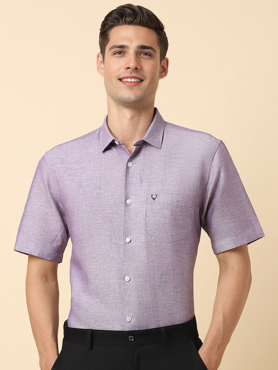 

Allen Solly Slim Fit Spread Collar Short Sleeves Cotton Linen Formal Shirt, Purple