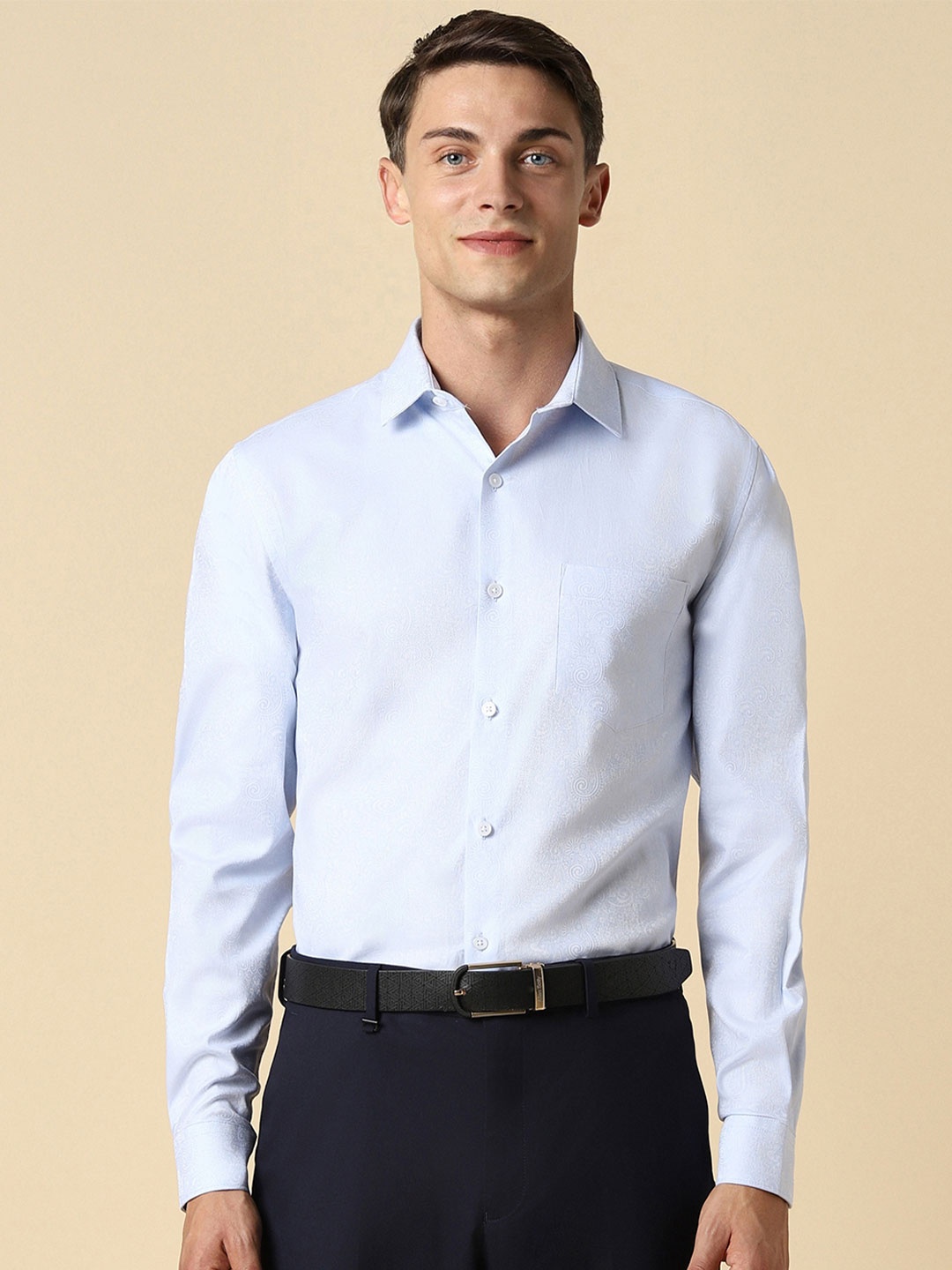 

Allen Solly Textured Self Design Spread Collar Cotton Slim Fit Curved Formal Shirt, Blue