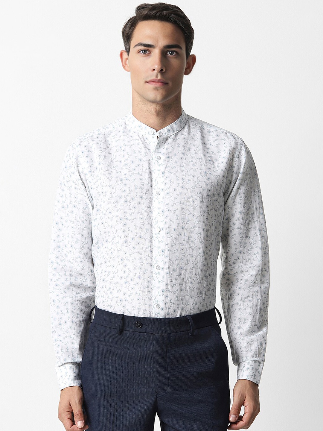 

Van Heusen Floral Printed Mandarin Collar Long Sleeves Opaque Formal Shirt, White
