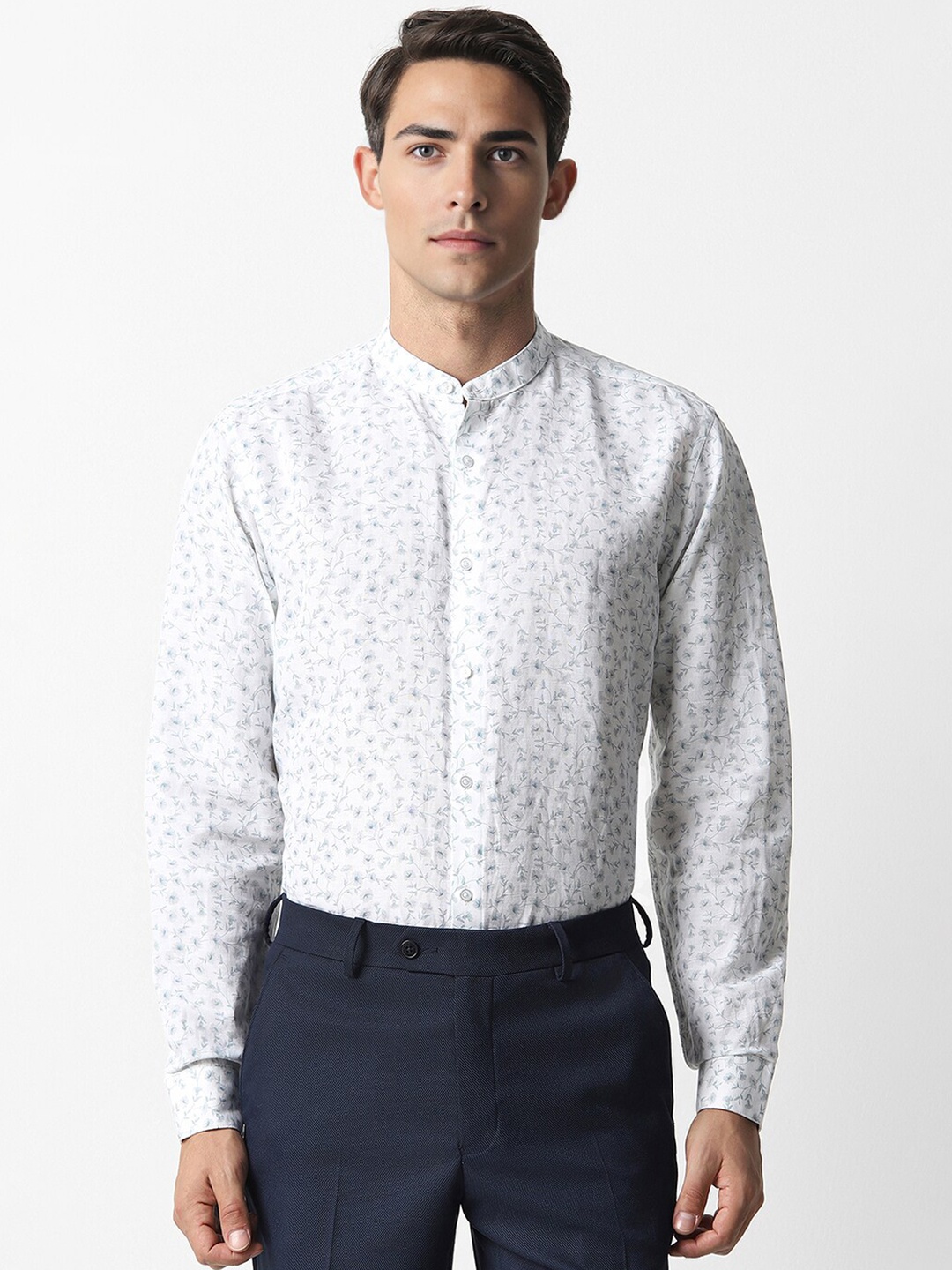 

Van Heusen Floral Printed Mandarin Collar Long Sleeves Opaque Formal Shirt, White
