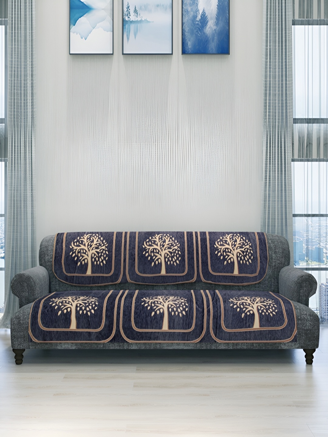 

Aura Purple & Beige 6 Pieces Printed Velvet 5-Seater Sofa Covers