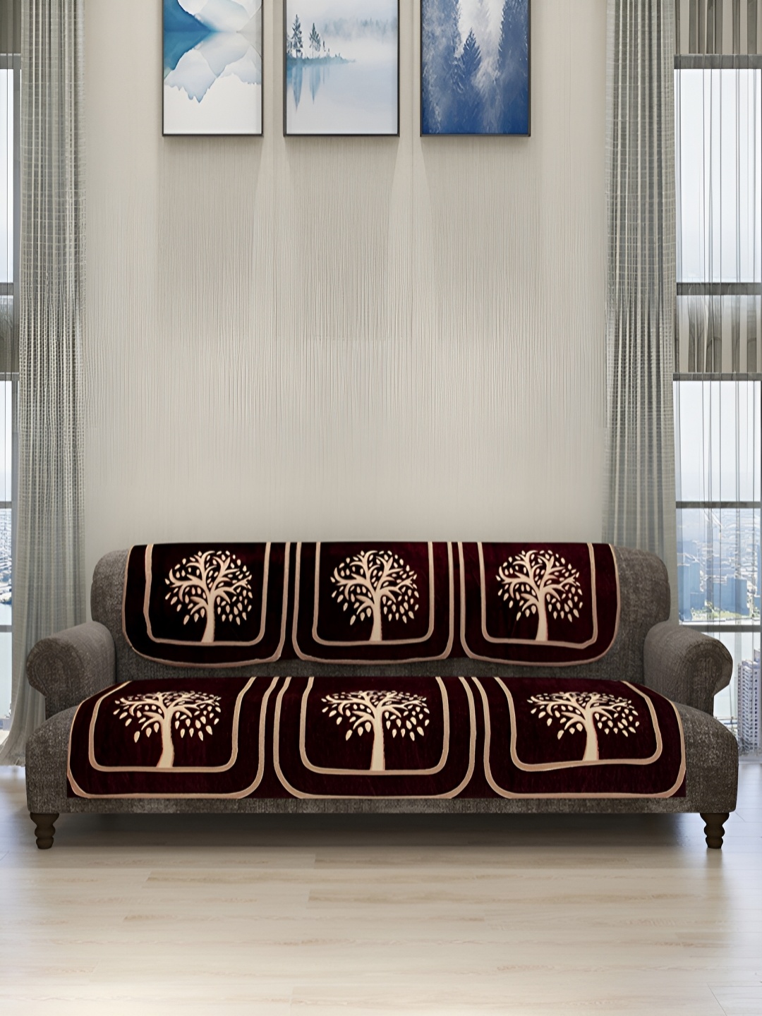 

Aura Coffee Brown & Beige 6 Pieces Printed Velvet 5-Seater Sofa Covers