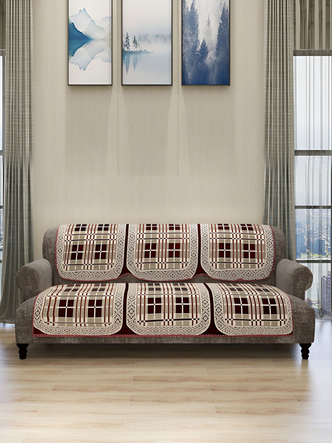 

Aura Cream-Coloured & Maroon 6 Pieces Printed 5-Seater Sofa Covers