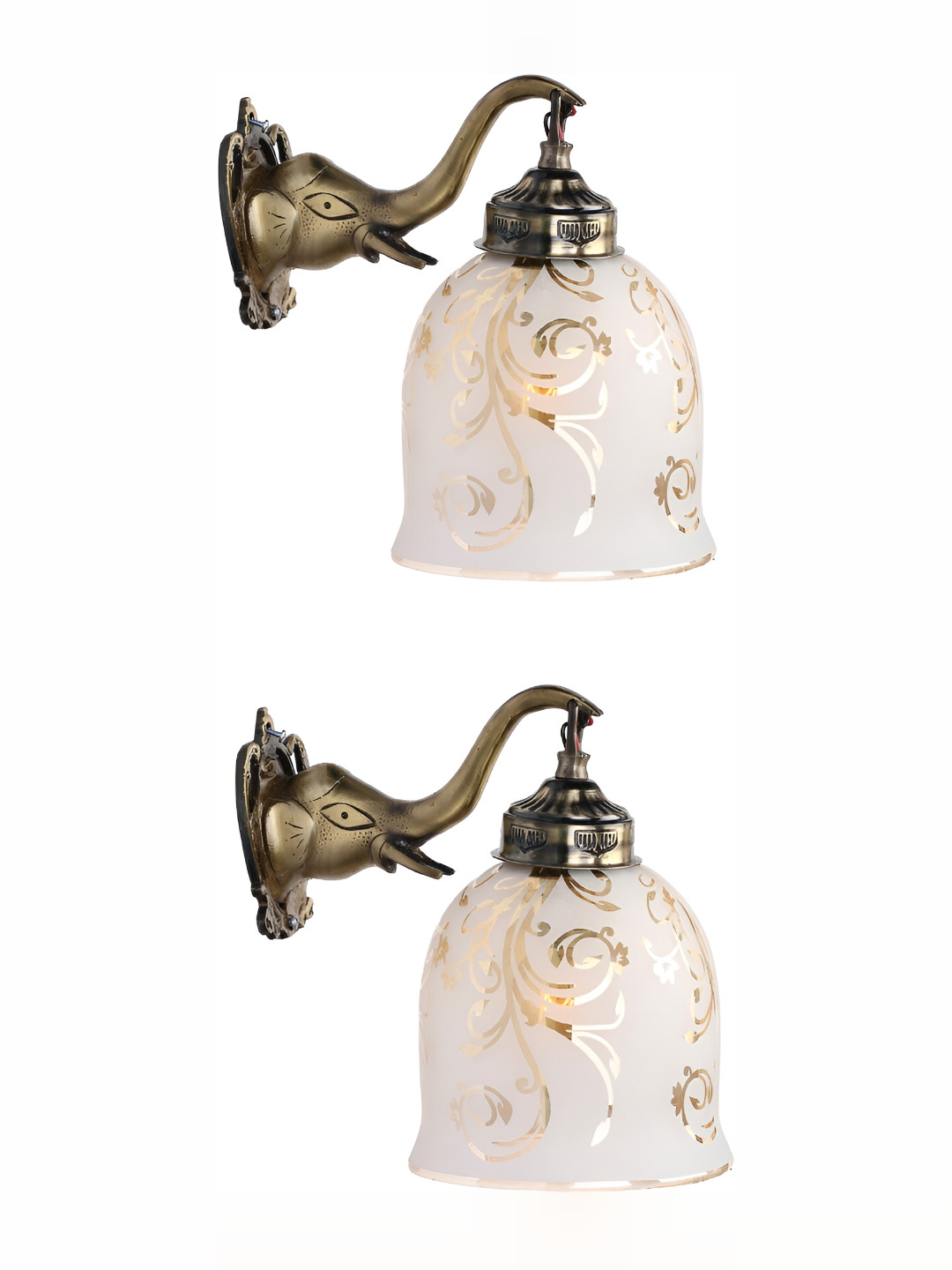 

1ST TIME White & Bronze-Toned 2 Pieces Printed Glass Traditional Bell Shaped Wall Lamps