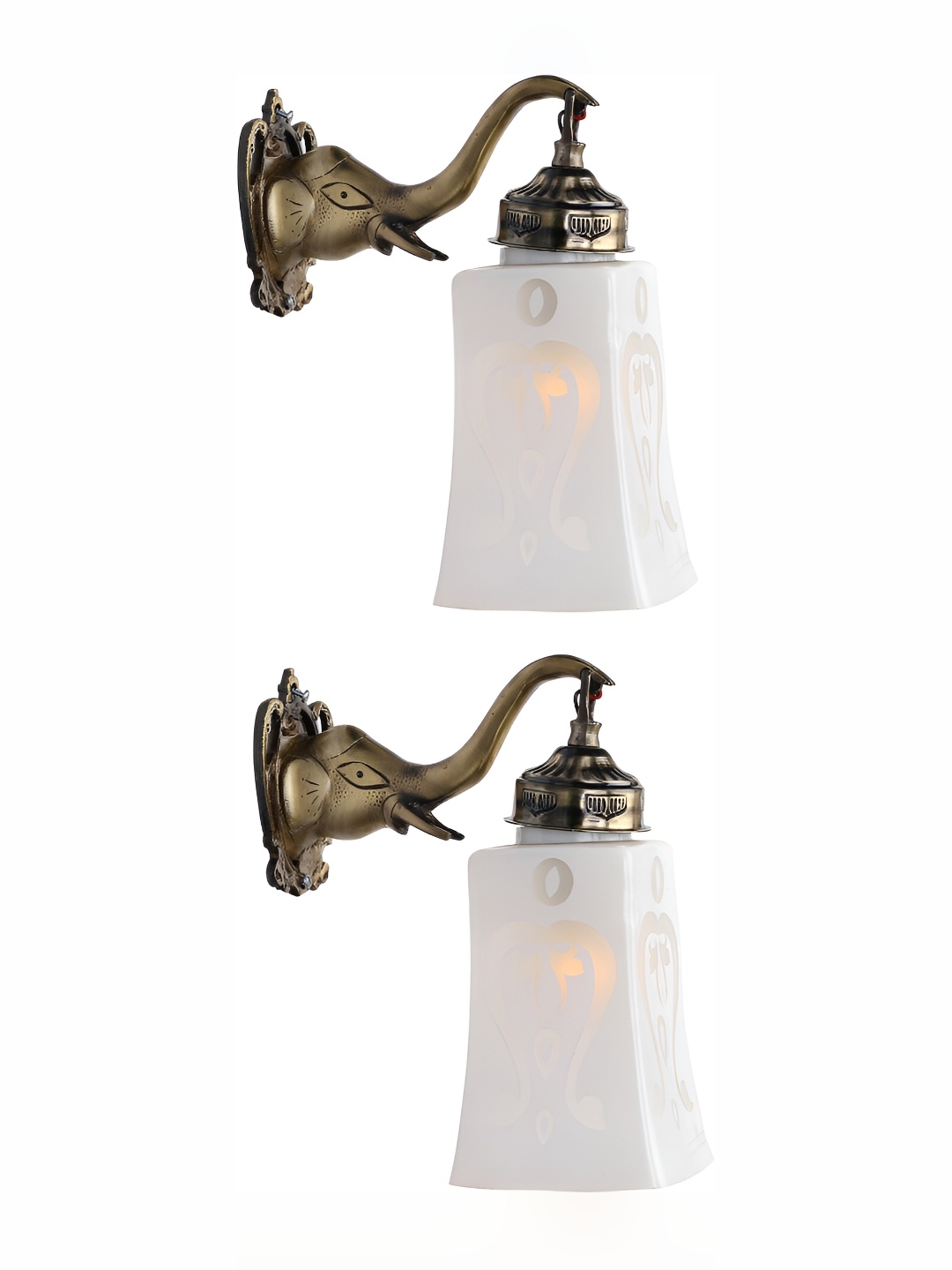 

1ST TIME White & Gold-Toned 2 Pieces Printed Glass Contemporary Bell Shaped Wall Lamps