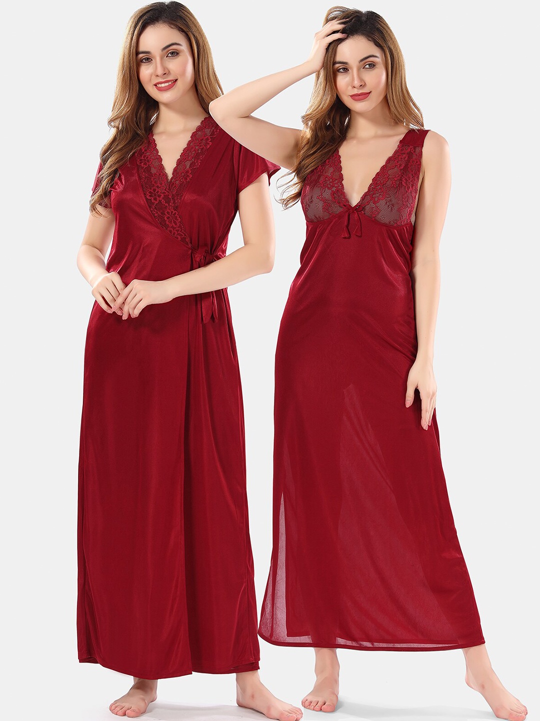 

Be You Satin Maxi Nightdress With Robe, Maroon