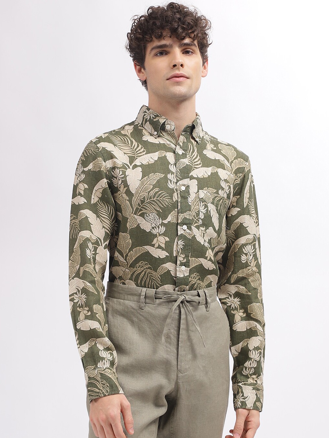 

GANT Floral Printed Button Down Collar Full Sleeves Linen Casual Shirt, Green