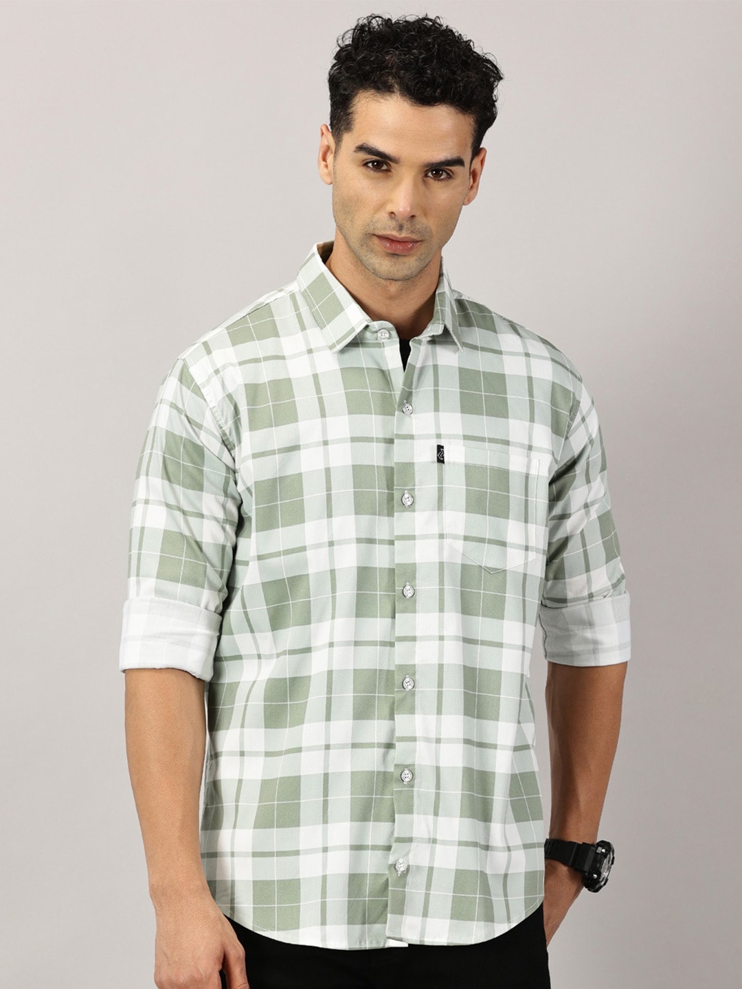 

Rodzen Standard Tartan Checked Cotton Casual Shirt, Grey
