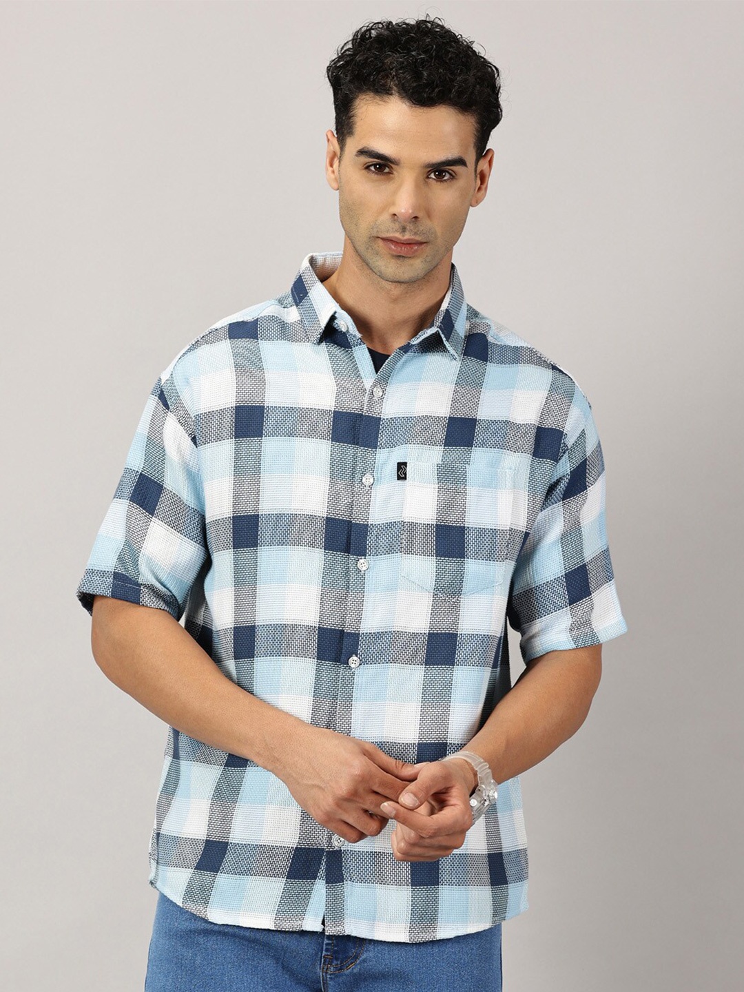 

Rodzen Standard Buffalo Checked Spread Collar Cotton Casual Shirt, Blue