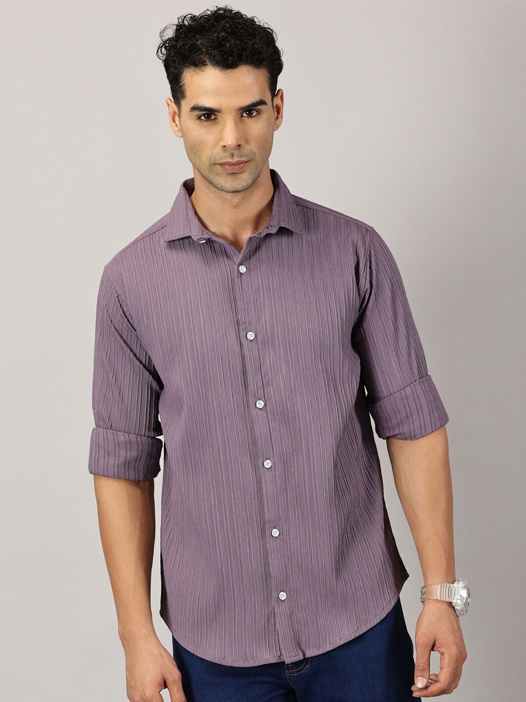 

Rodzen Standard Textured Spread Collar Cotton Casual Shirt, Lavender