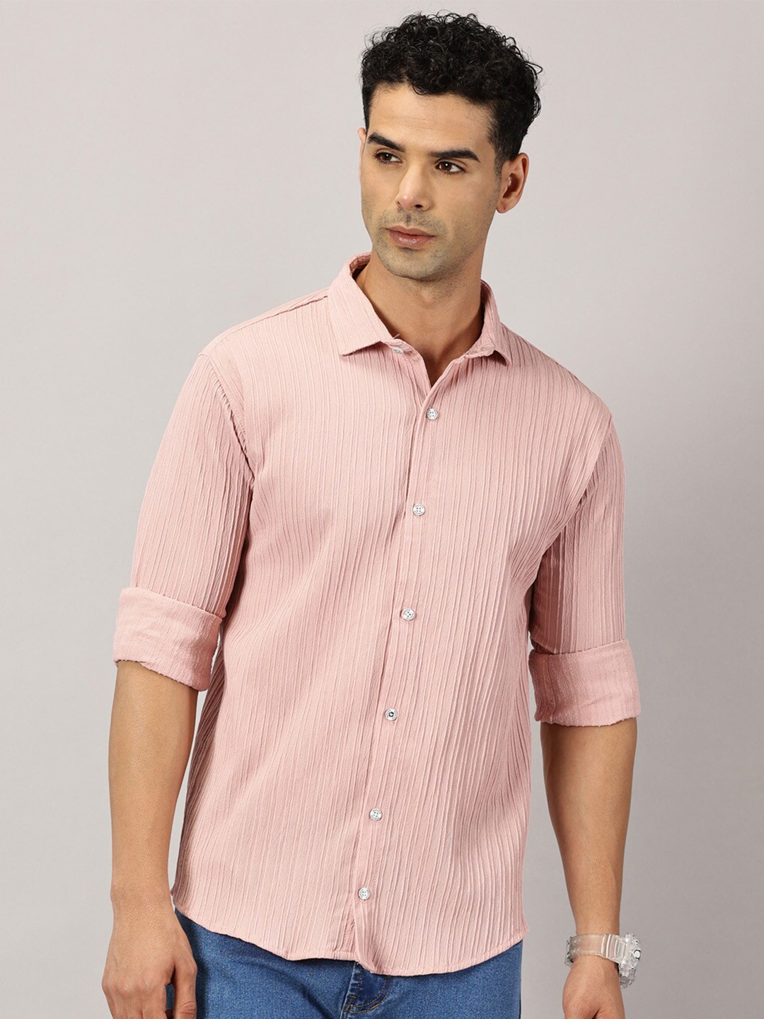 

Rodzen Standard Textured Spread Collar Cotton Casual Shirt, Peach