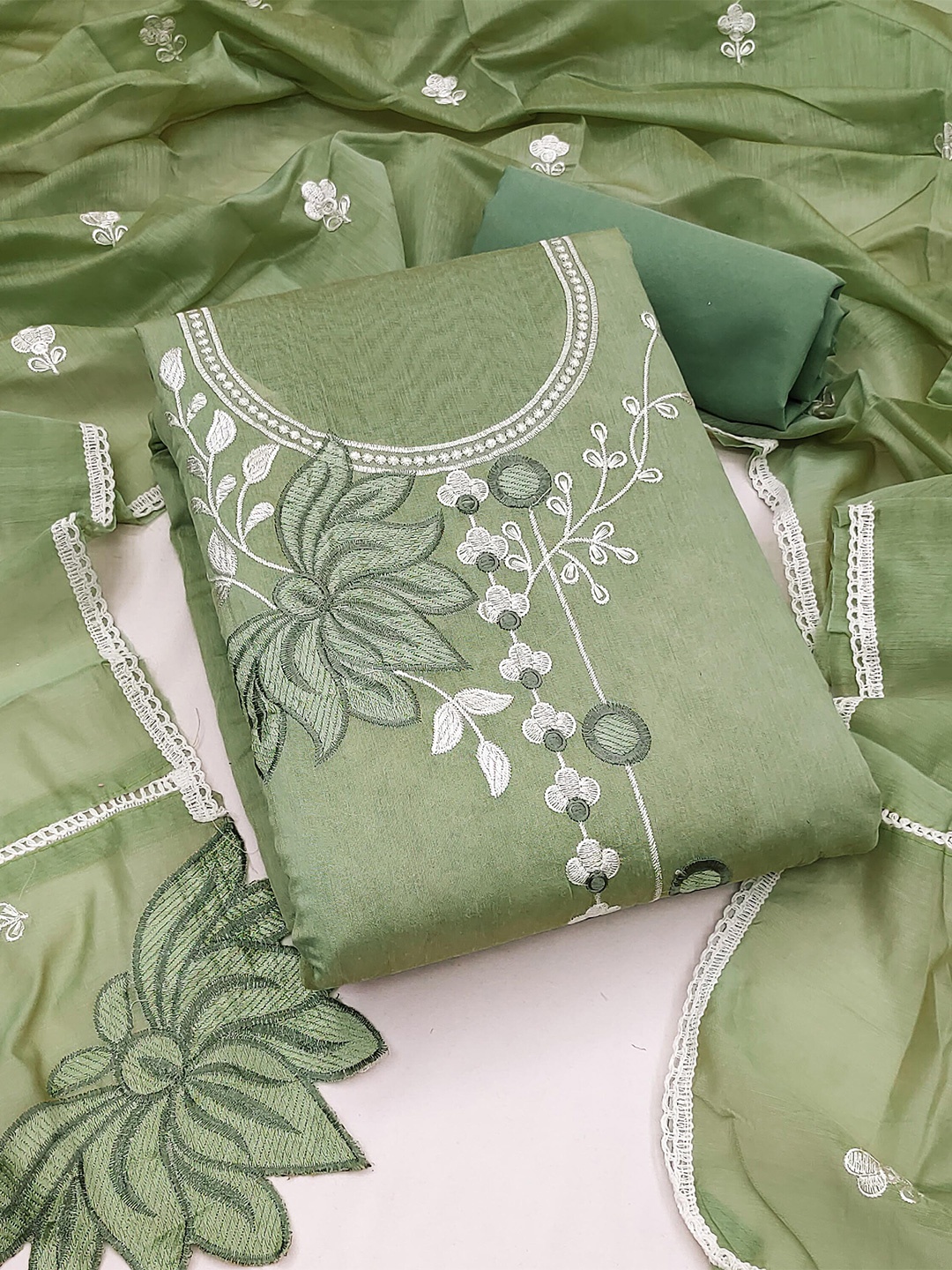 

KALINI Ethnic Motifs Embroidered Zari Unstitched Dress Material, Green