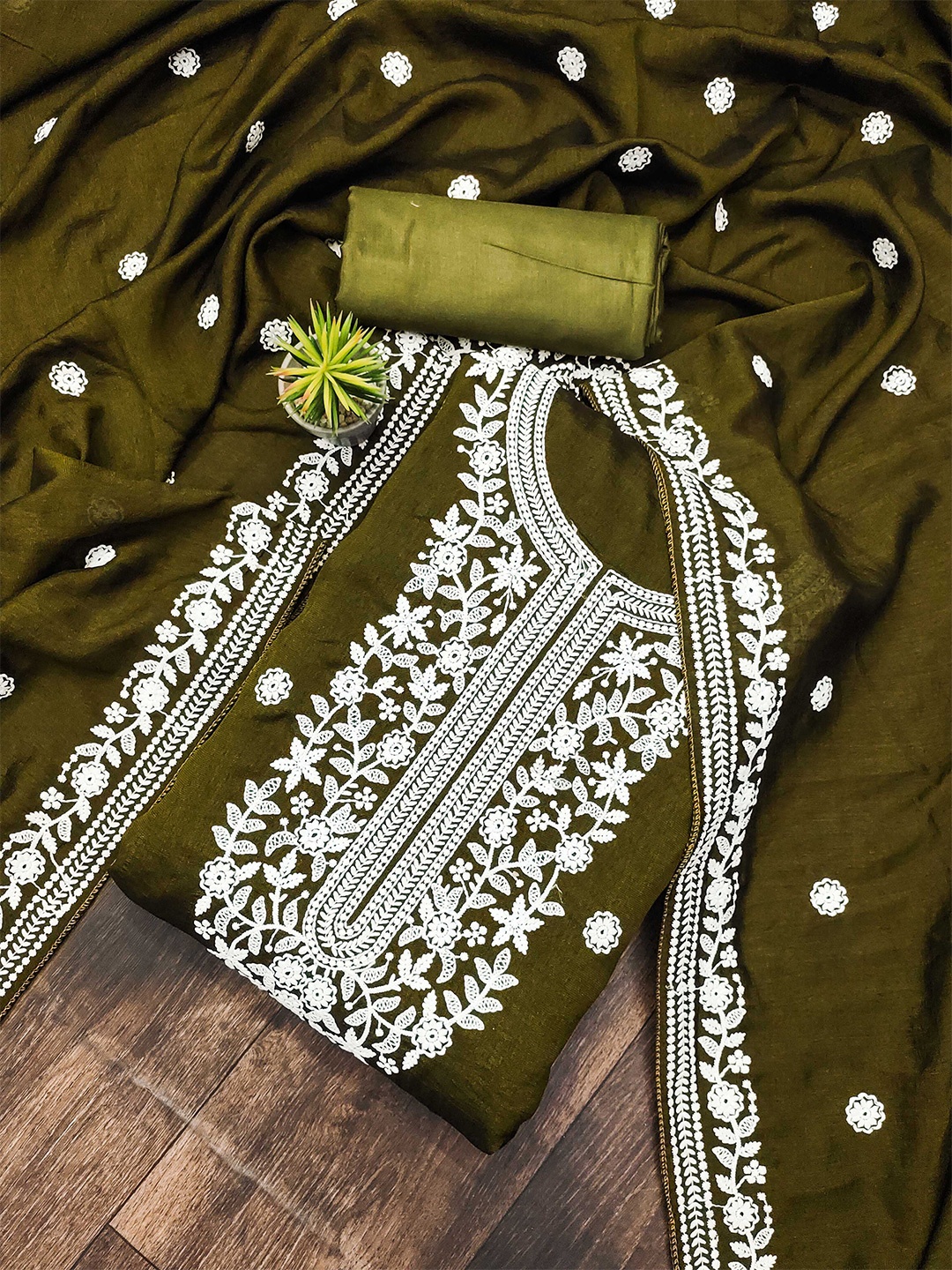 

KALINI Ethnic Motifs Embroidered Zari Unstitched Dress Material, Olive