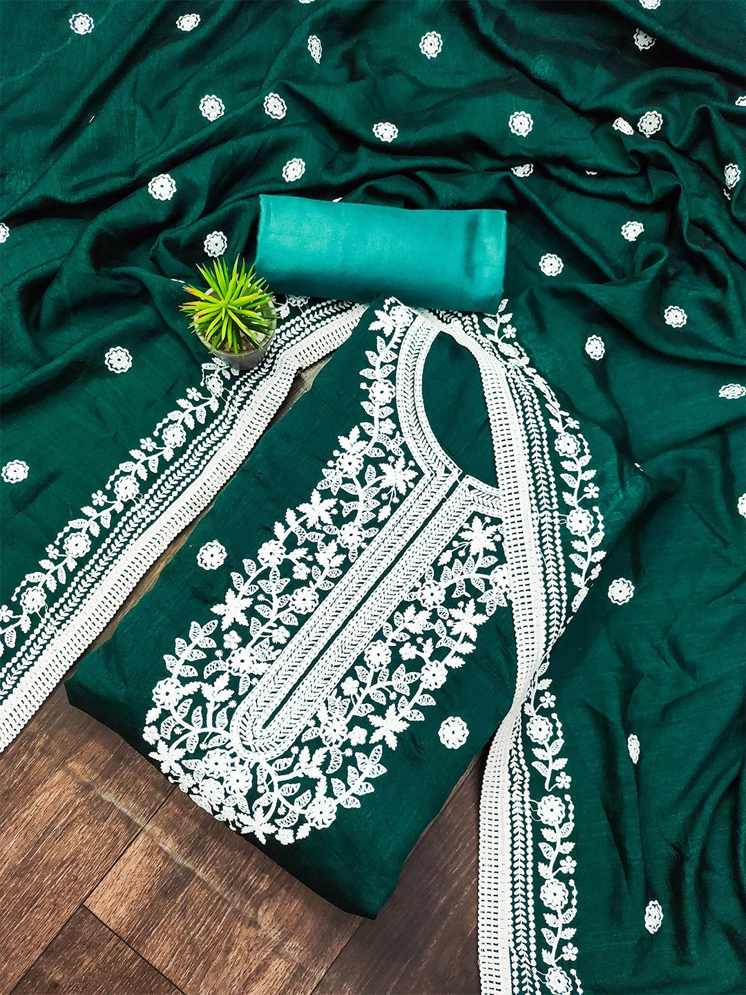 

KALINI Ethnic Motifs Embroidered Zari Unstitched Dress Material, Sea green