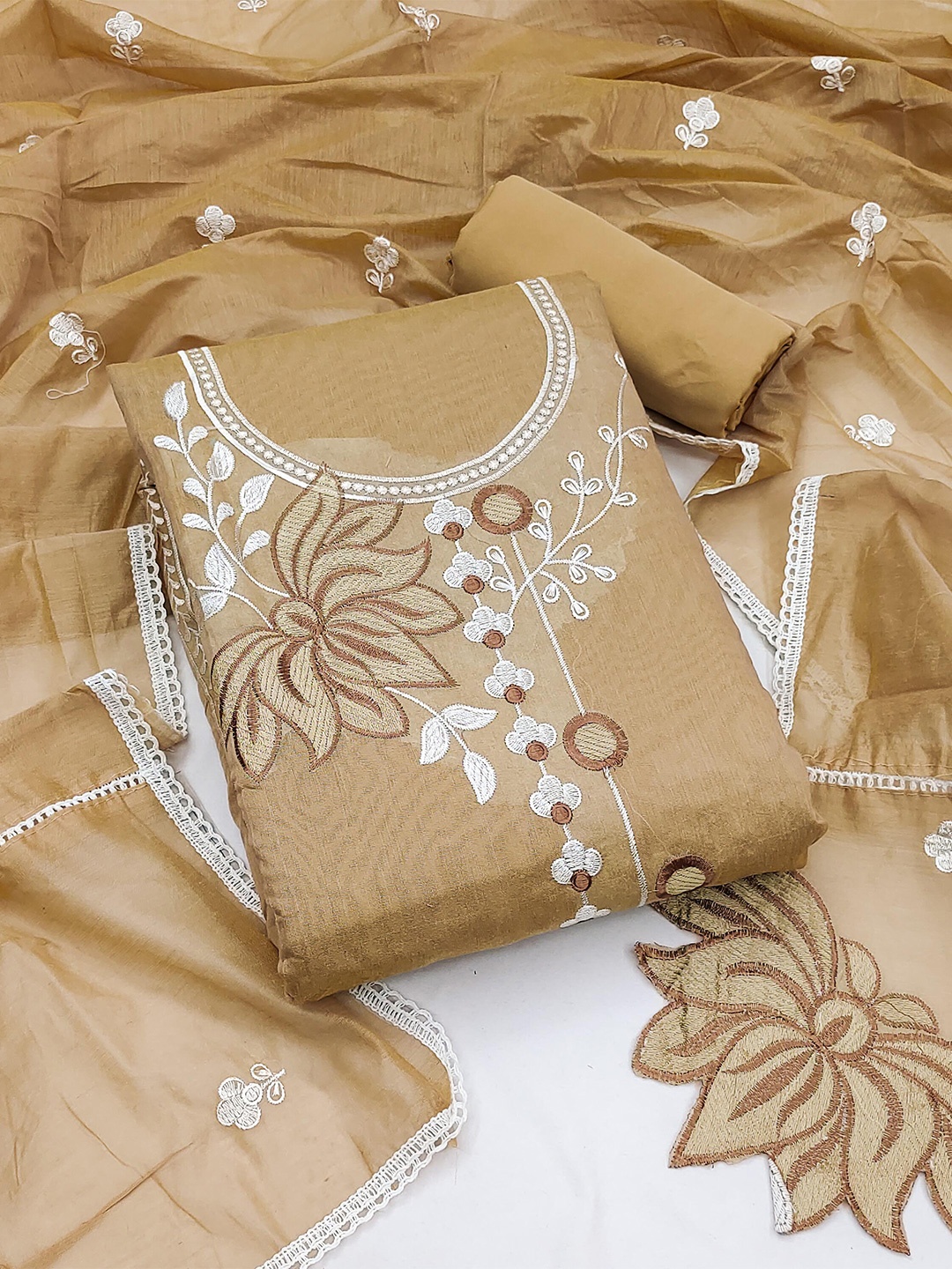 

KALINI Ethnic Motifs Embroidered Zari Unstitched Dress Material, Beige