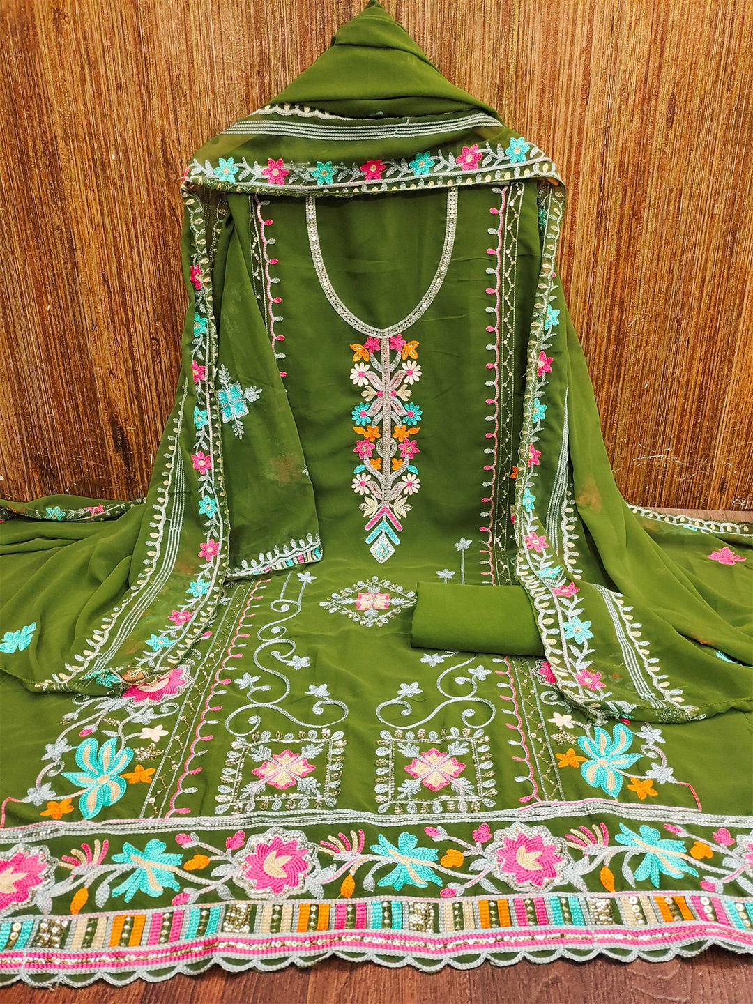 

KALINI Ethnic Motifs Embroidered Silk Georgette Unstitched Dress Material, Olive