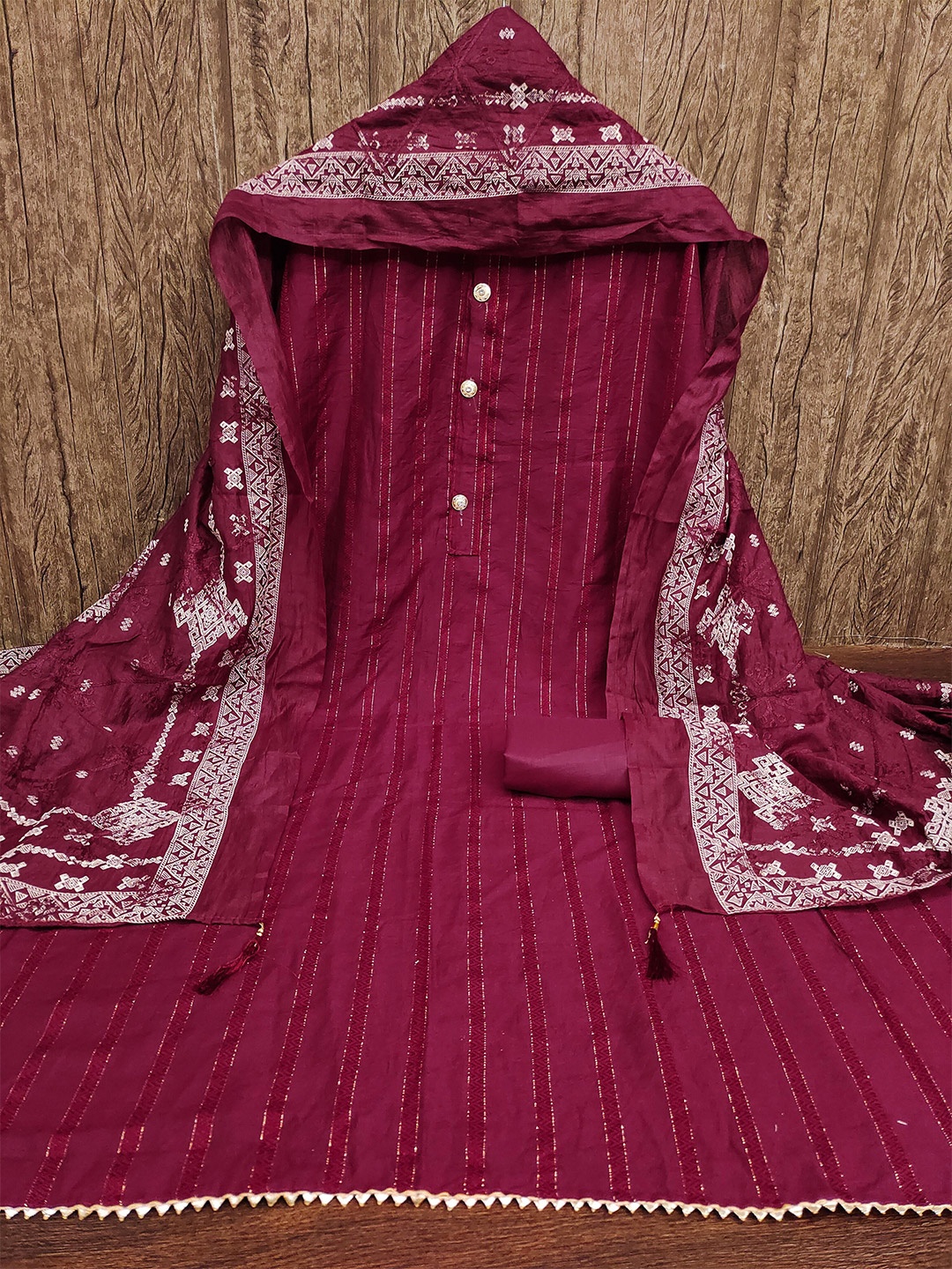 

KALINI Striped Woven Design Zari Unstitched Dress Material, Maroon
