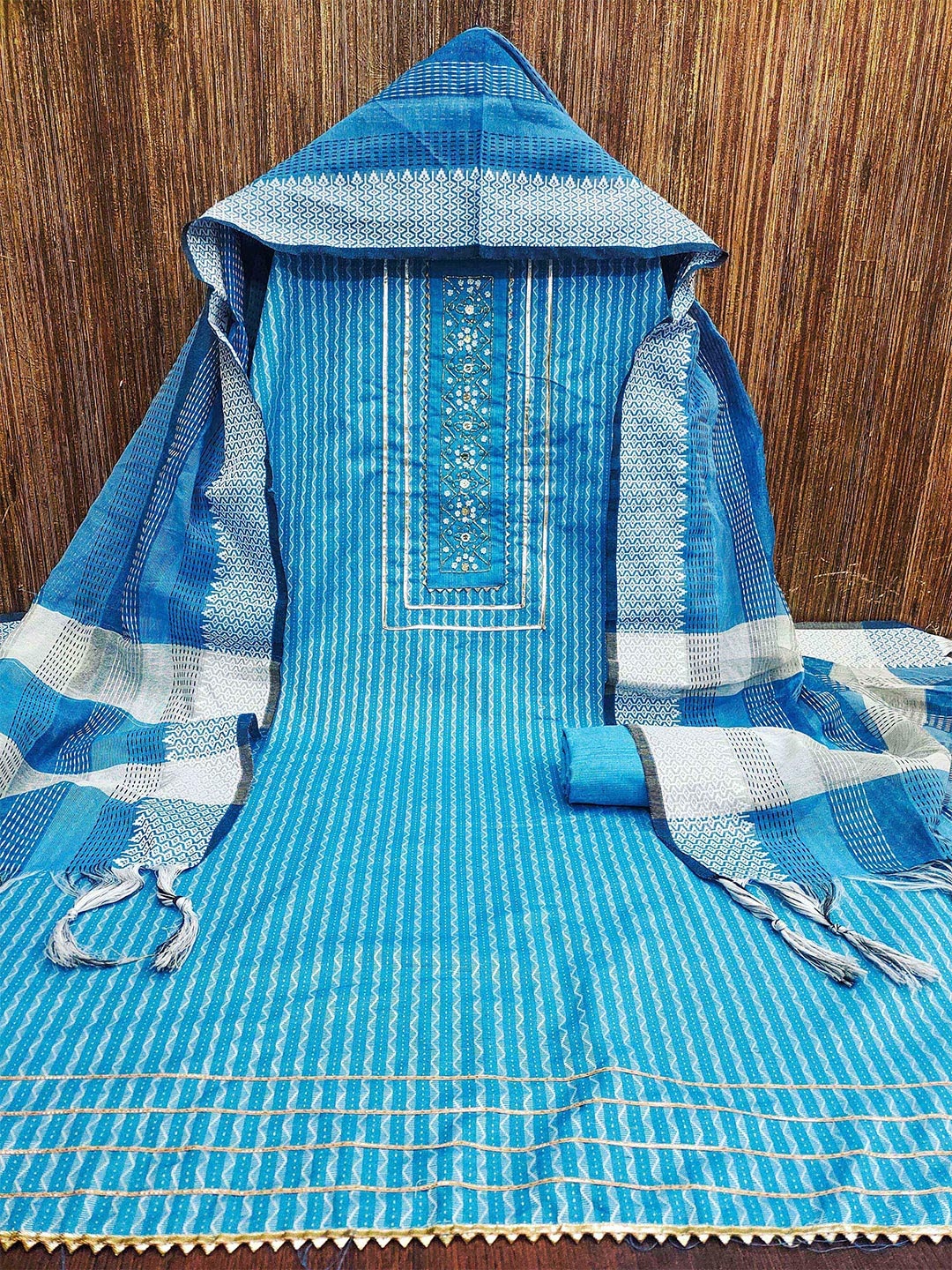 

KALINI Striped Embellished Beads and Stones Unstitched Dress Material, Teal