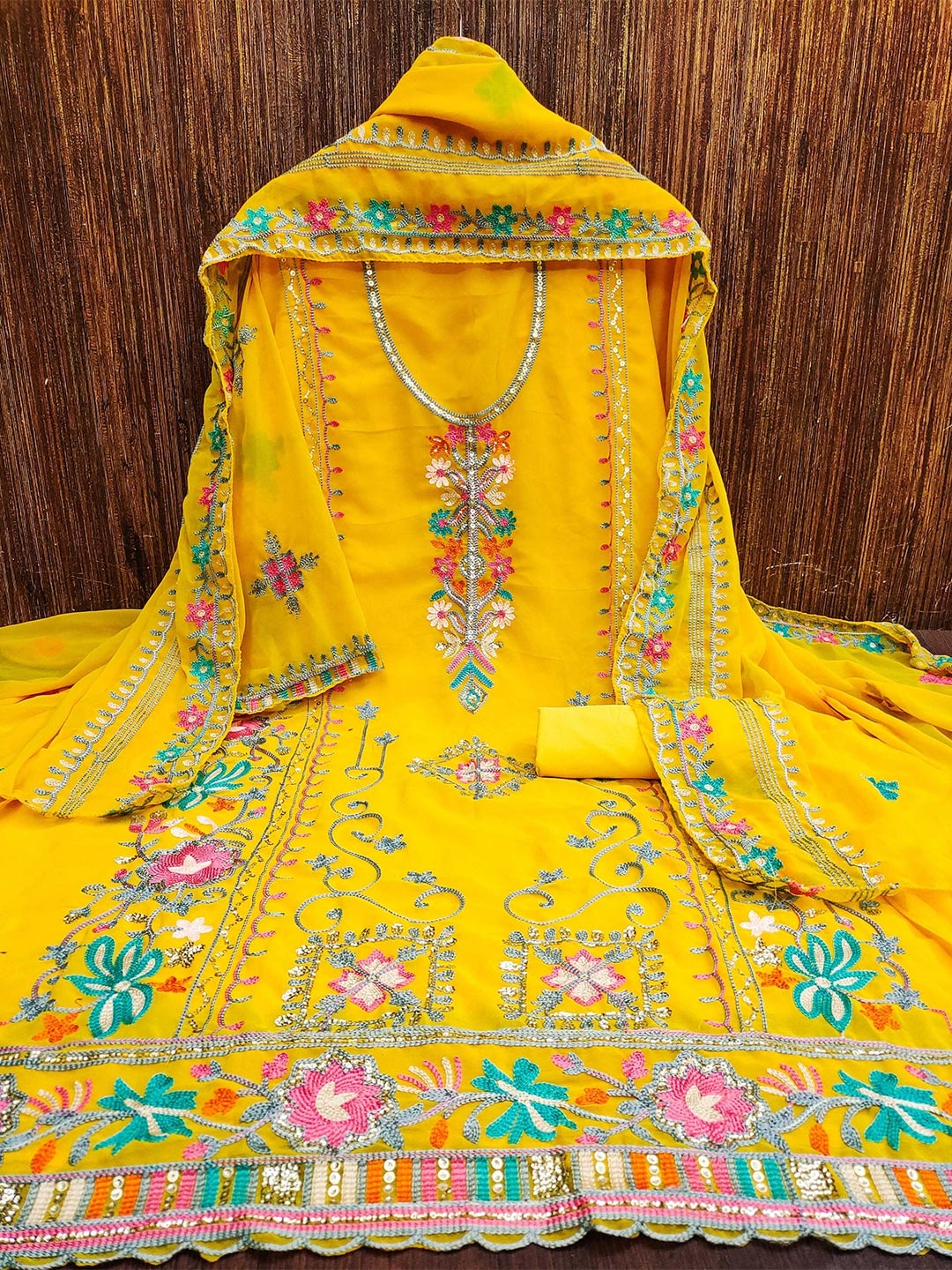 

KALINI Ethnic Motifs Embroidered Silk Georgette Unstitched Dress Material, Yellow