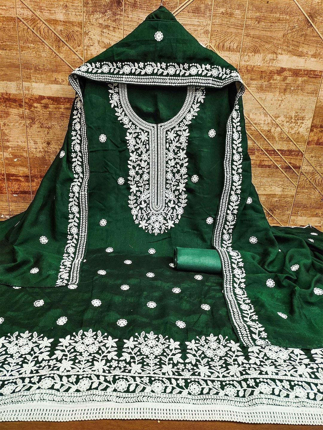 

KALINI Ethnic Motifs Embroidered Zari Unstitched Dress Material, Green