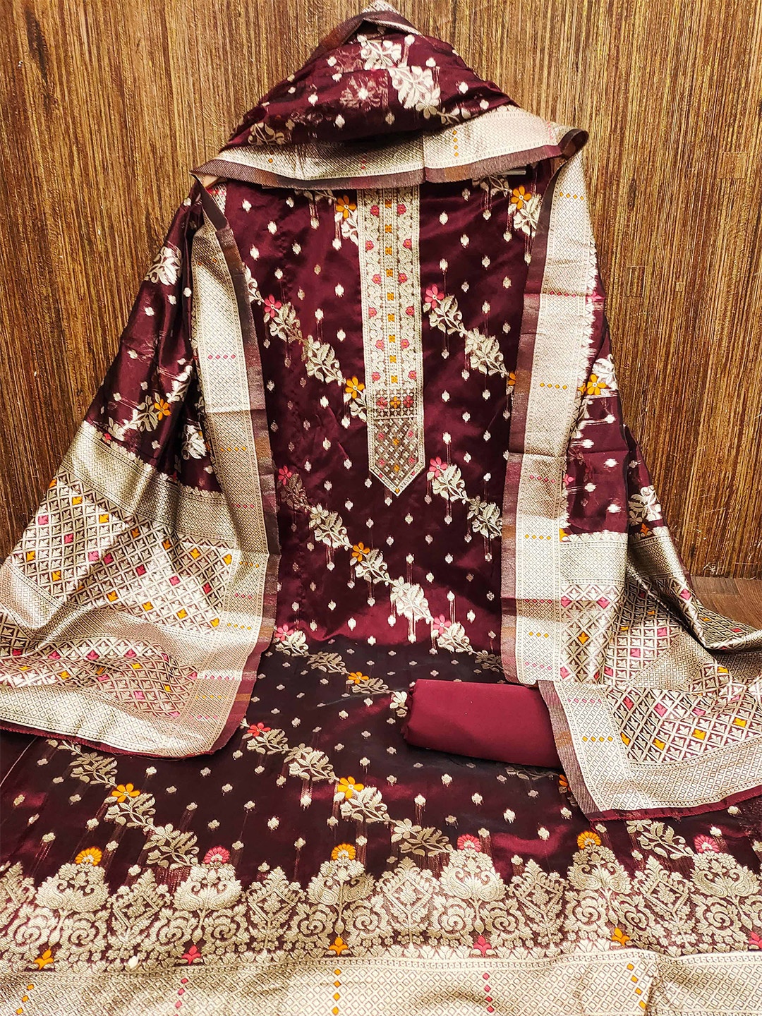 

KALINI Ethnic Motifs Woven Design Zari Unstitched Dress Material, Maroon