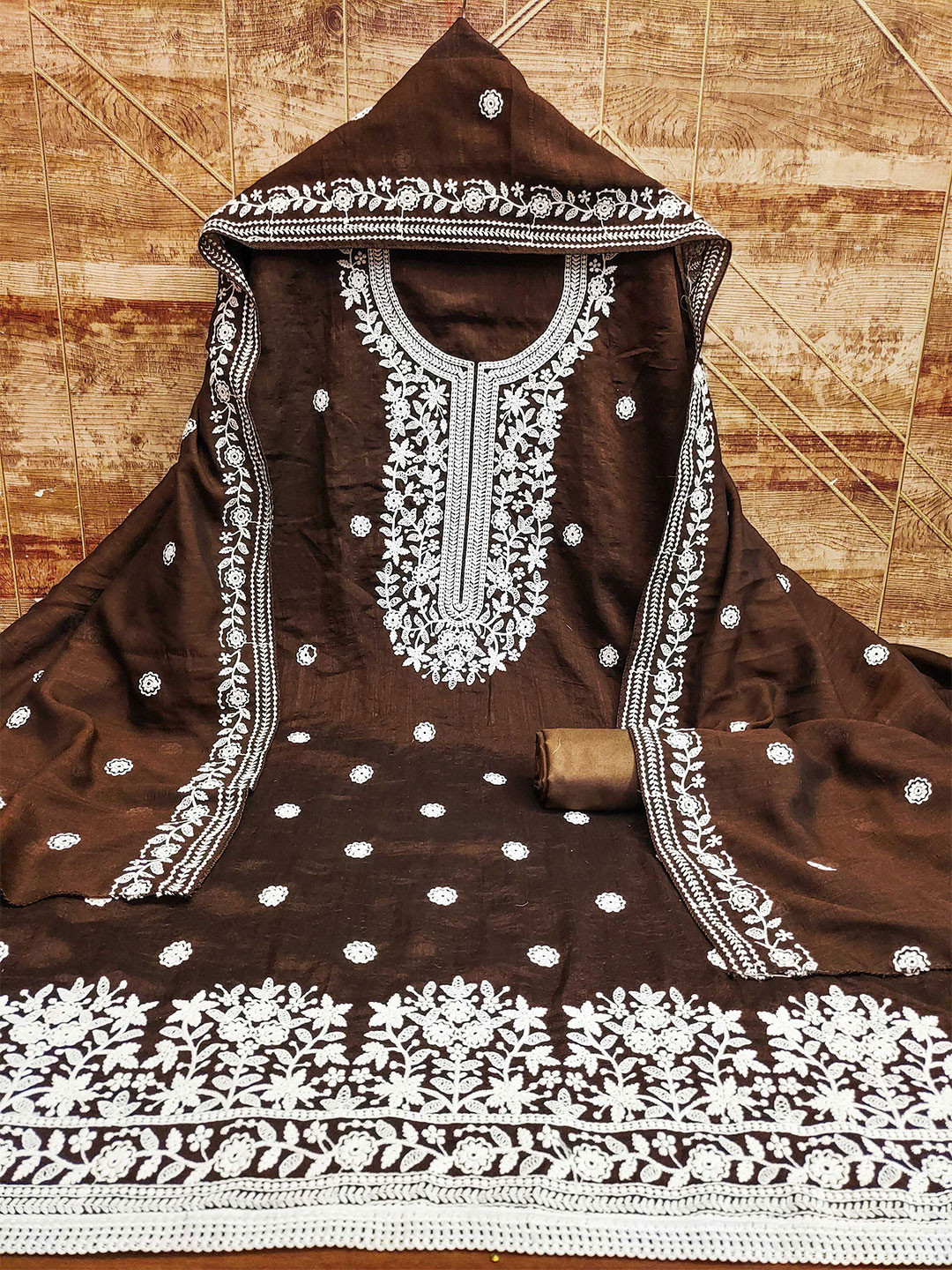 

KALINI Ethnic Motifs Embroidered Zari Unstitched Dress Material, Brown