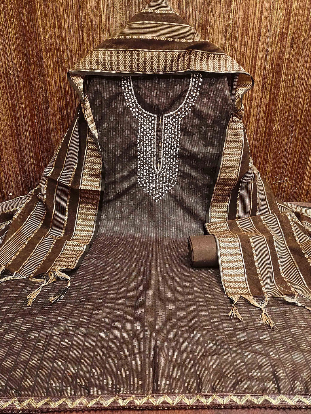 

KALINI Ethnic Motifs Embellished Beads and Stones Unstitched Dress Material, Brown