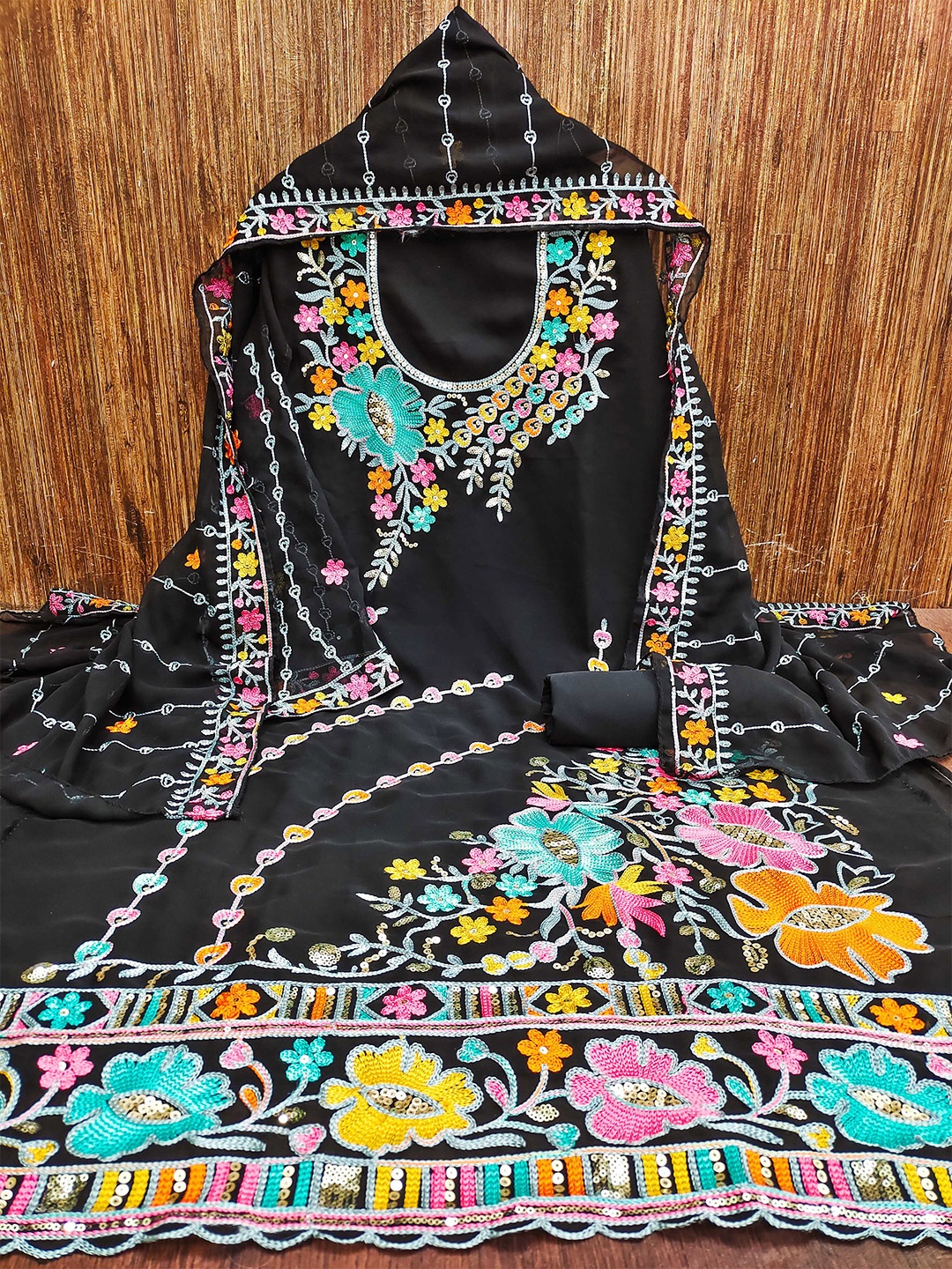

KALINI Ethnic Motifs Embroidered Sequinned Silk Georgette Unstitched Dress Material, Black